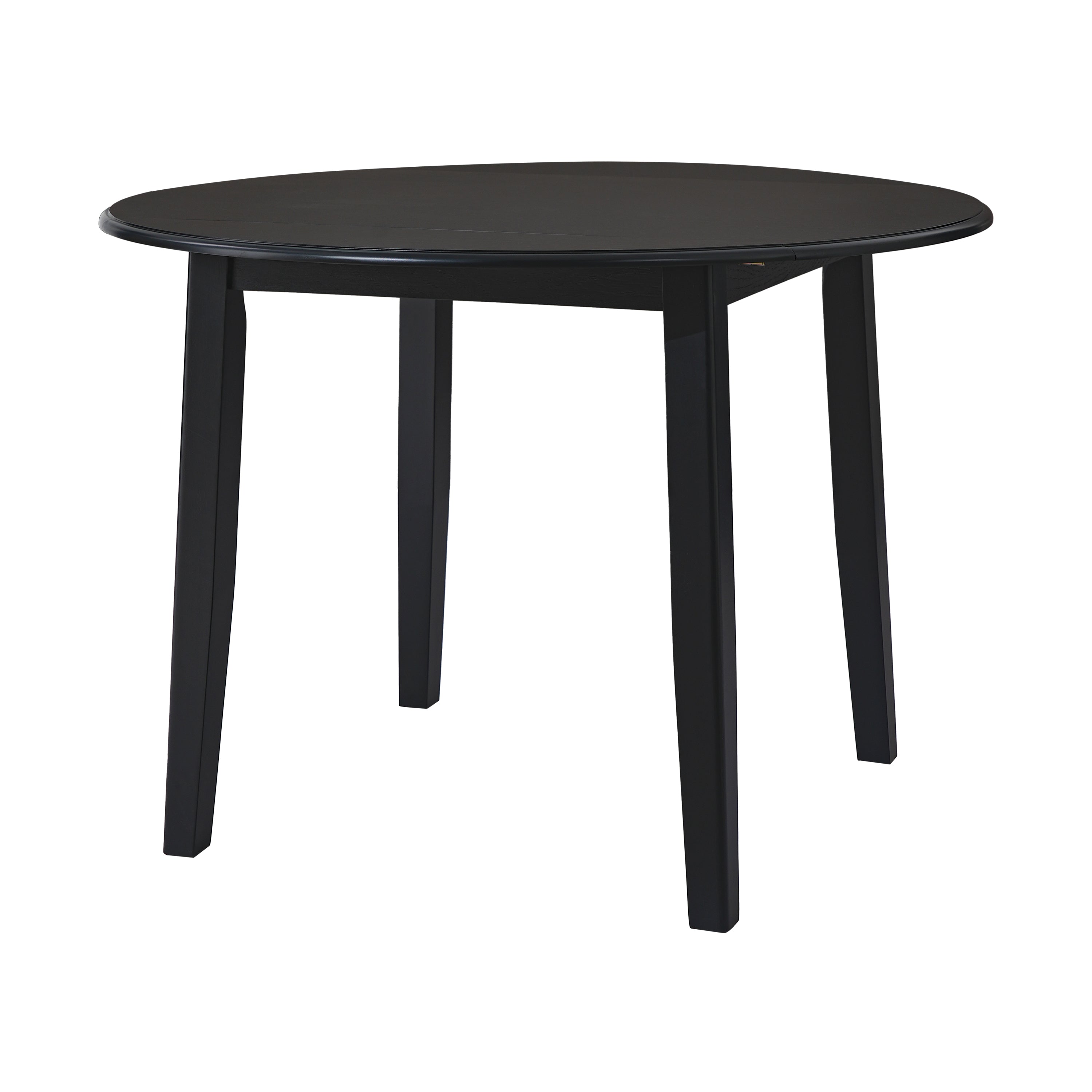 Three-quarter studio view of the black round table with one drop leaf folded down