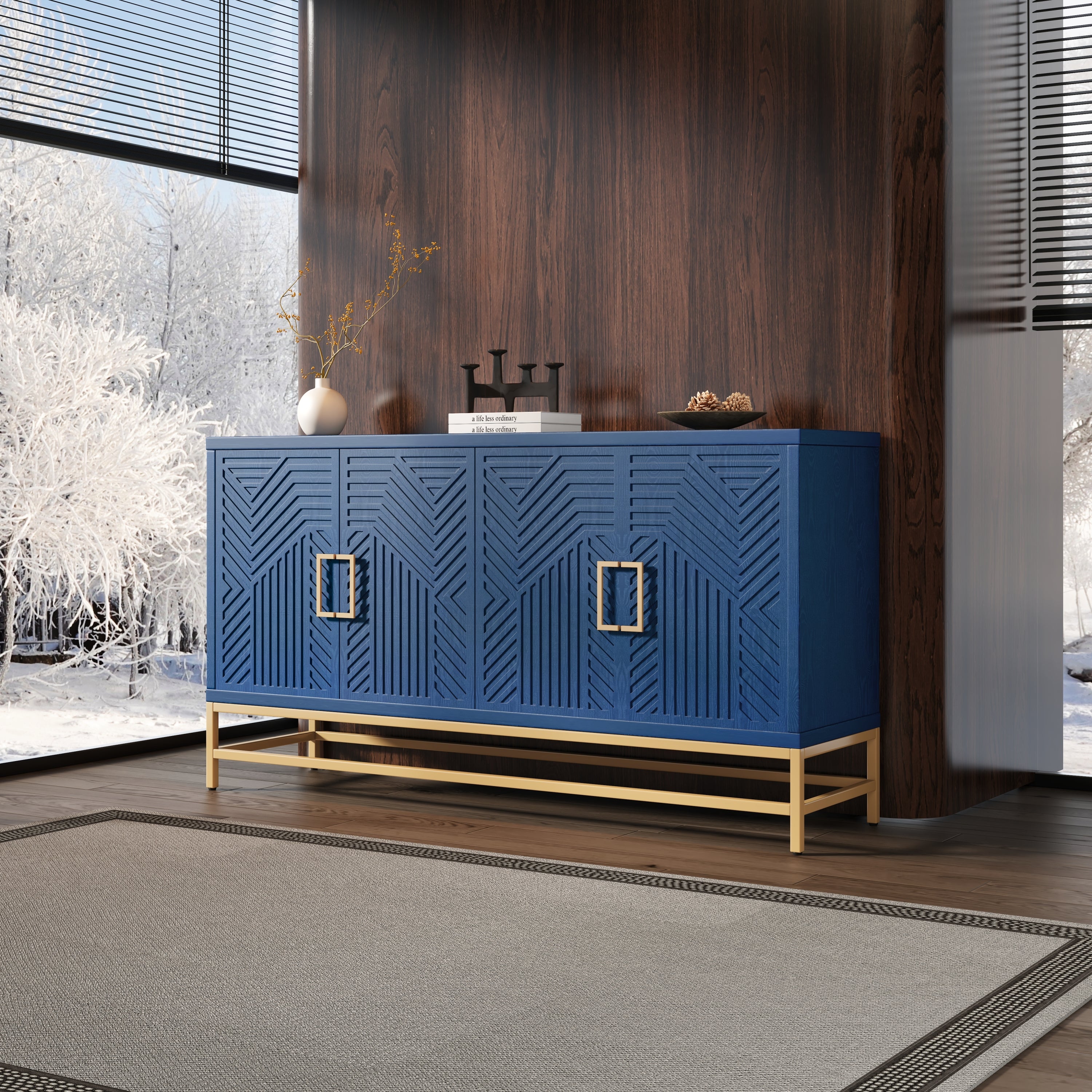 Mid-Century Sideboard Buffet Cabinet, 60in Navy 4-Door Gold Legs