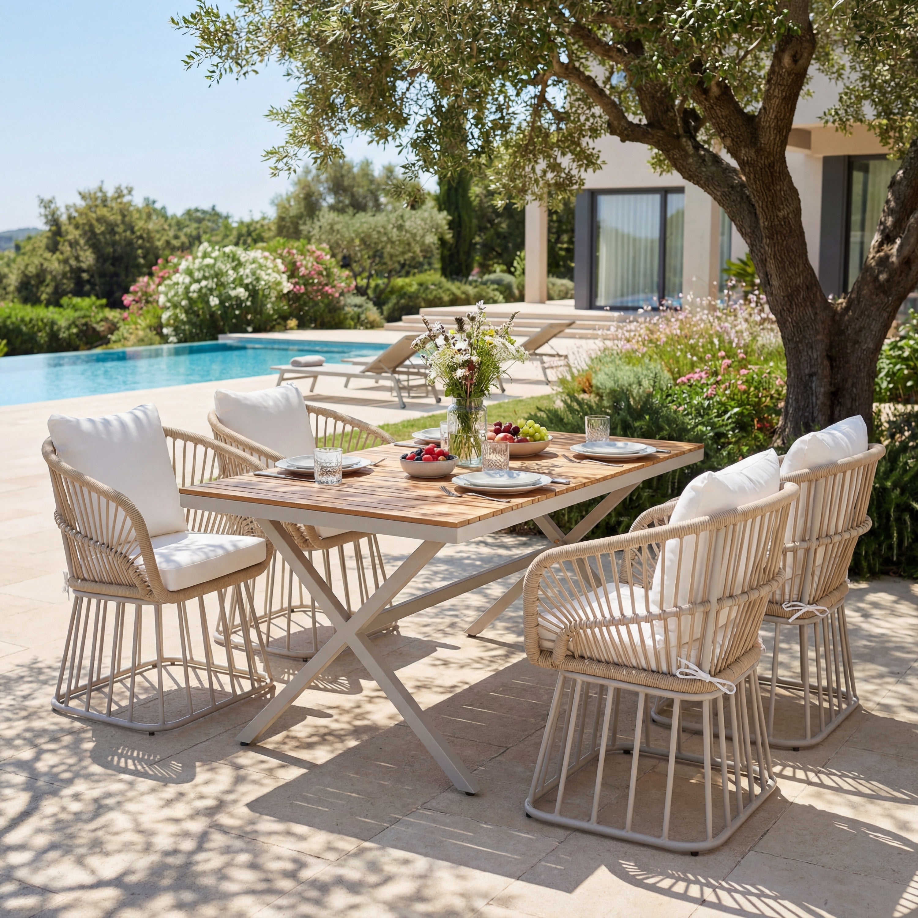 Outdoor 5-Piece Dining Set, Teak Table and 4 Rope Armchairs