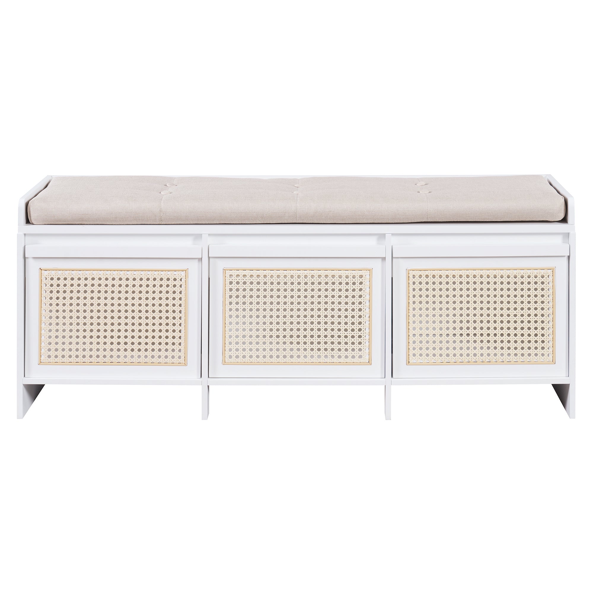 Retro Shoe Storage Bench, White, 3 Cane Rattan Drawers, 48 in