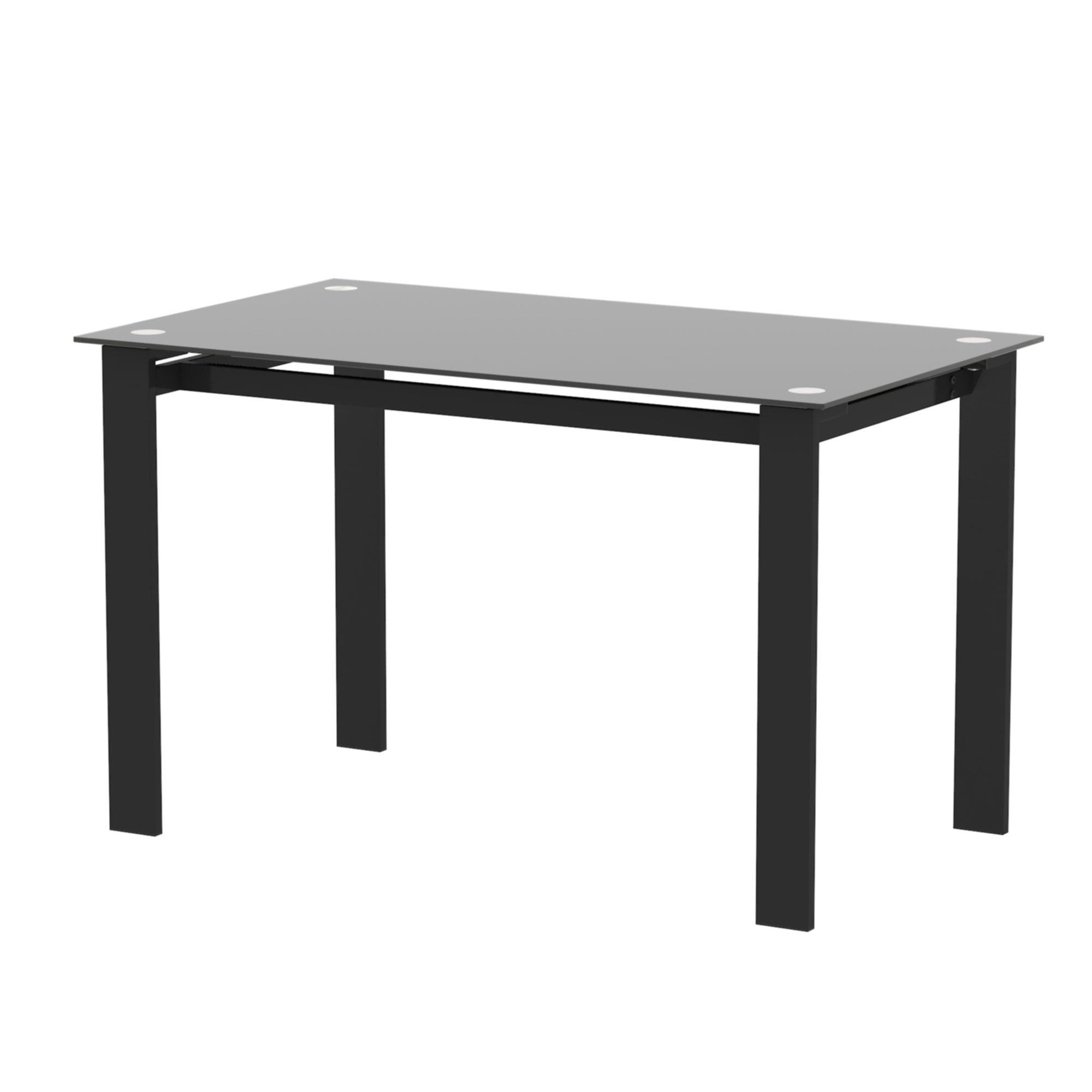 Black tempered glass dining table with black iron base, three-quarter view on a white background