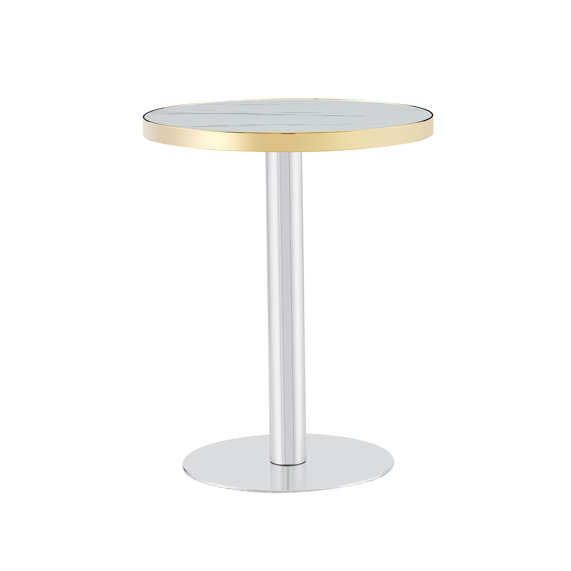 White faux marble bistro table with gold edge trim and chrome pedestal base on a white background