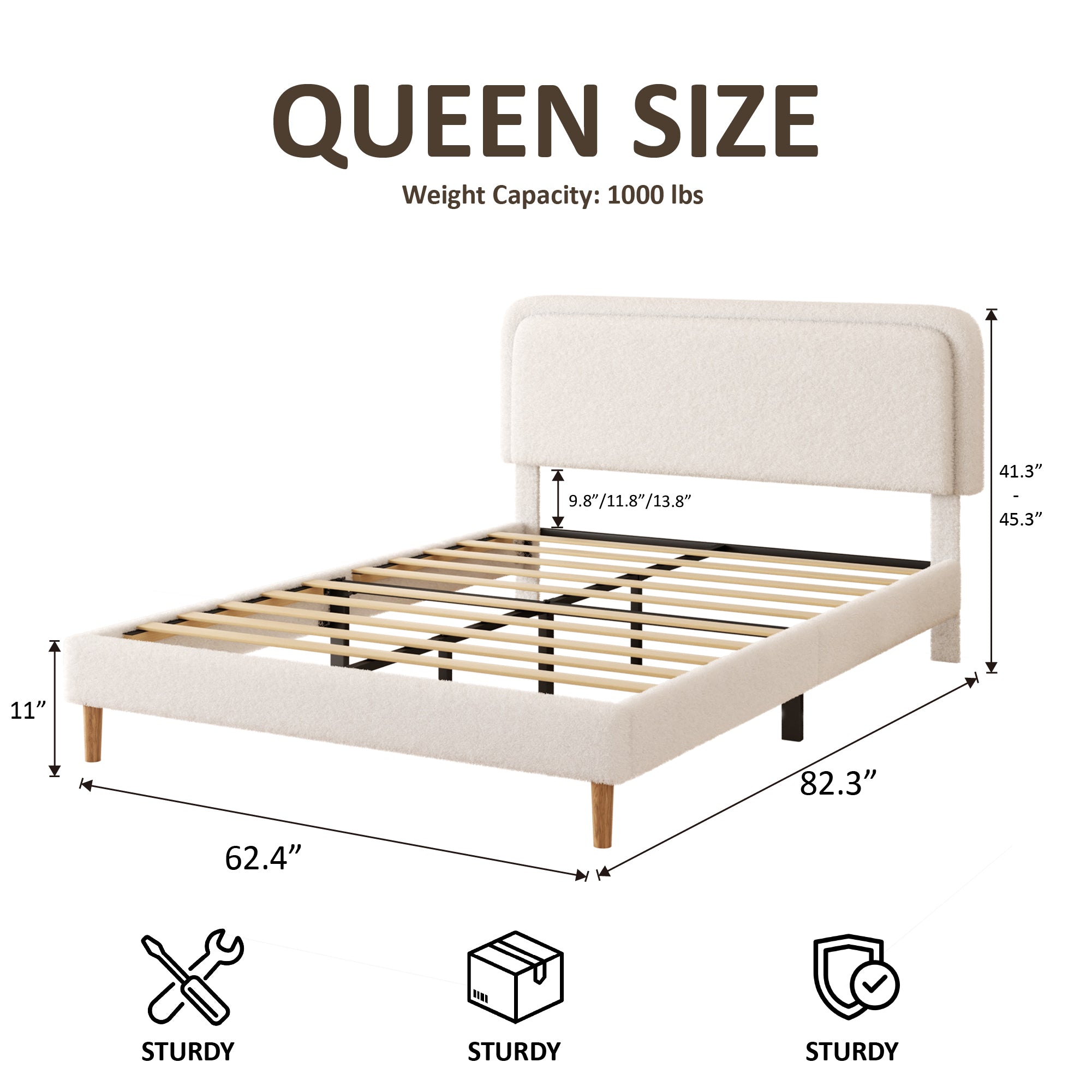 Construction diagram of the beige queen headboard bed frame with wood slats, metal center support and adjustable headboard
