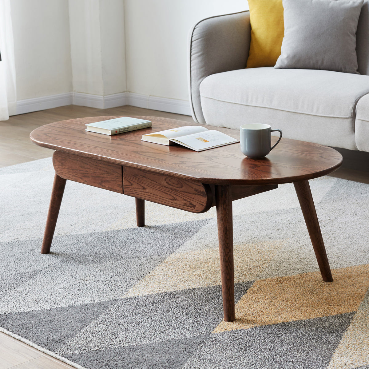 Walnut Solid Wood Oval Coffee Table with Storage, 47.2 in