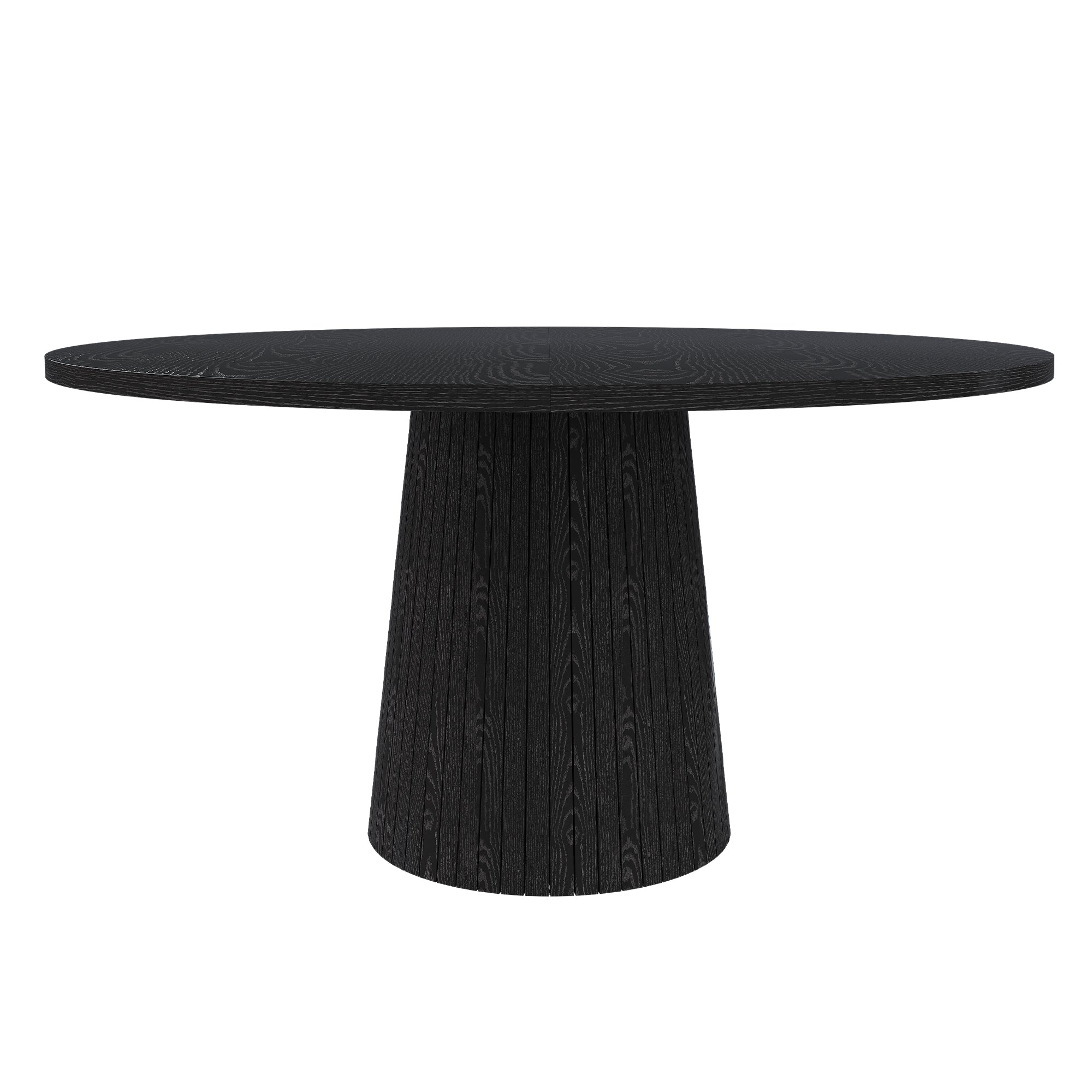 Black round farmhouse dining table with slatted conical base, front view on a white studio background
