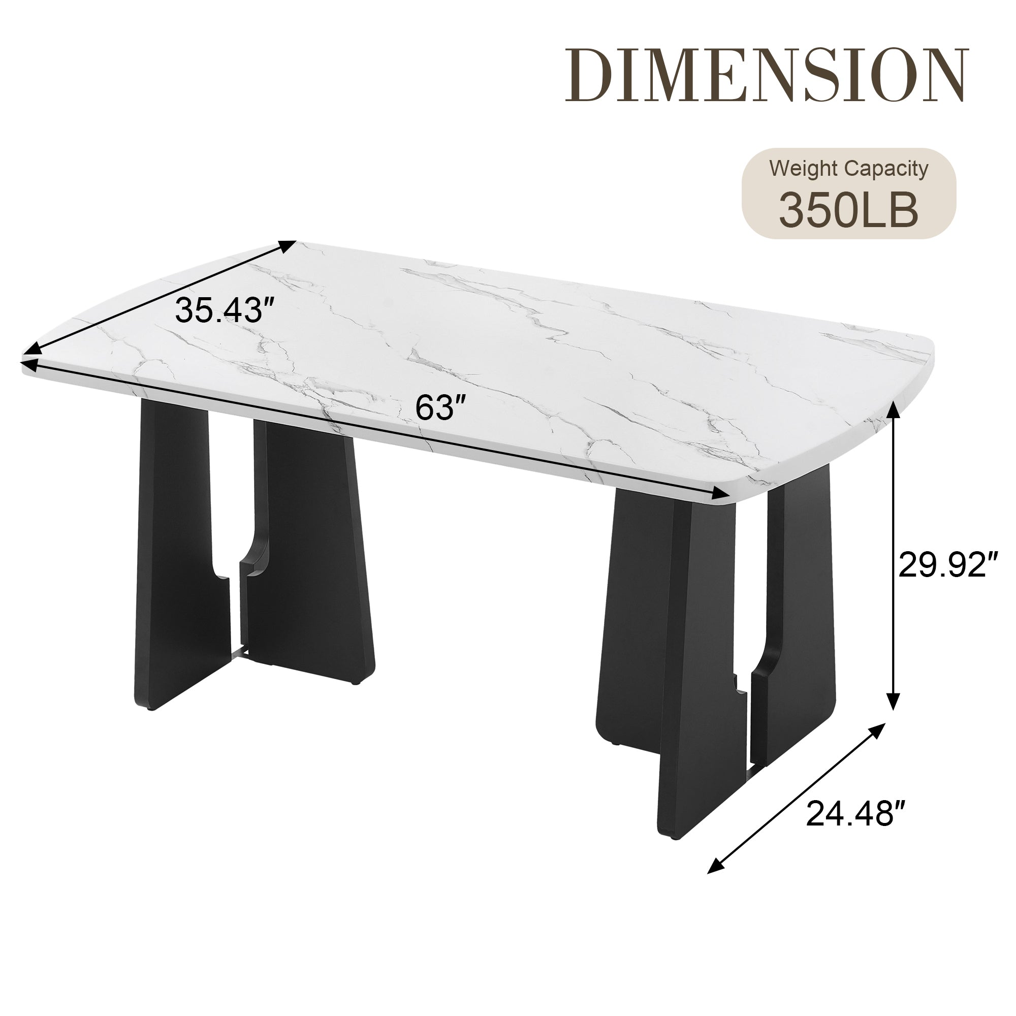 Dimension diagram of the faux marble dining table showing 63 in length, 35.43 in width, 29.92 in height, 350 lb capacity