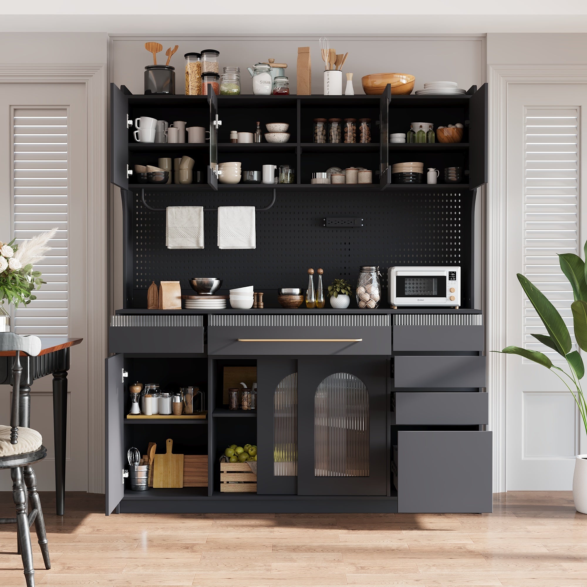 Tall Buffet with Hutch, Black, 63 in, 6 Drawers & Glass Doors