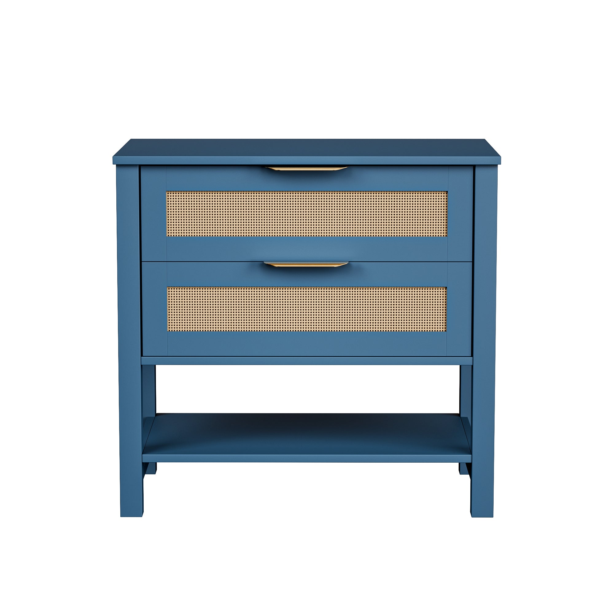 Rattan Nightstand with 2 Drawers and Open Shelf, Turquoise
