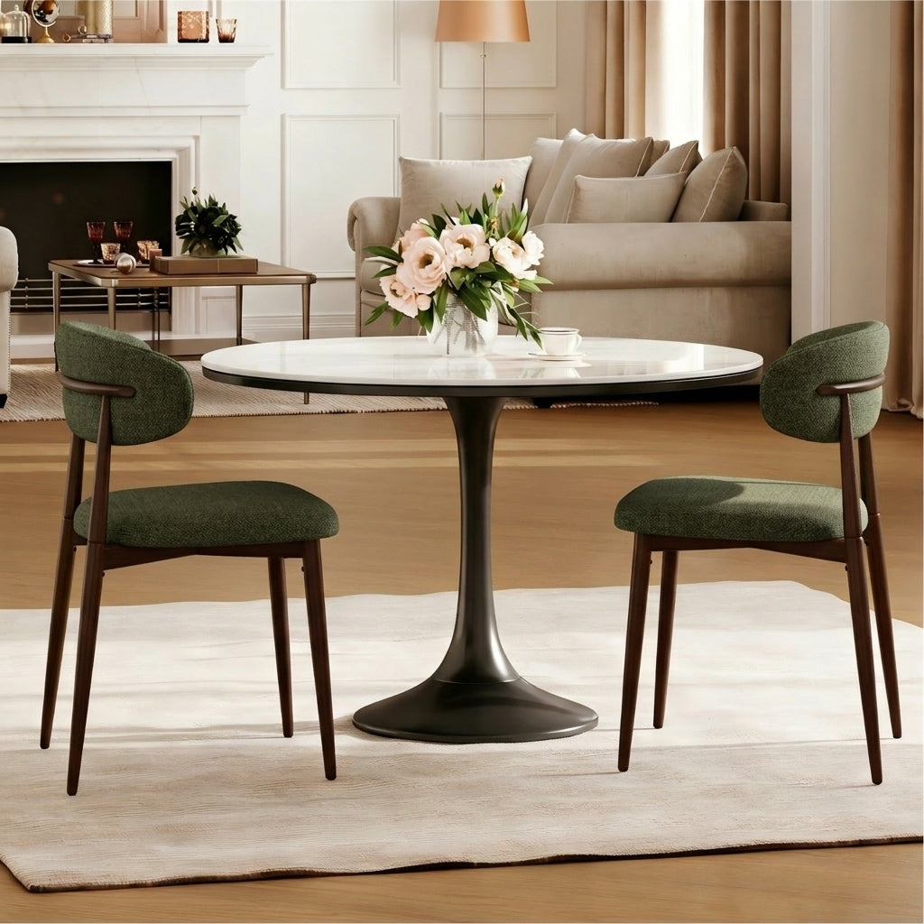 Modern Metal Dining Chairs Set of 2, Green Fabric, Curved Back