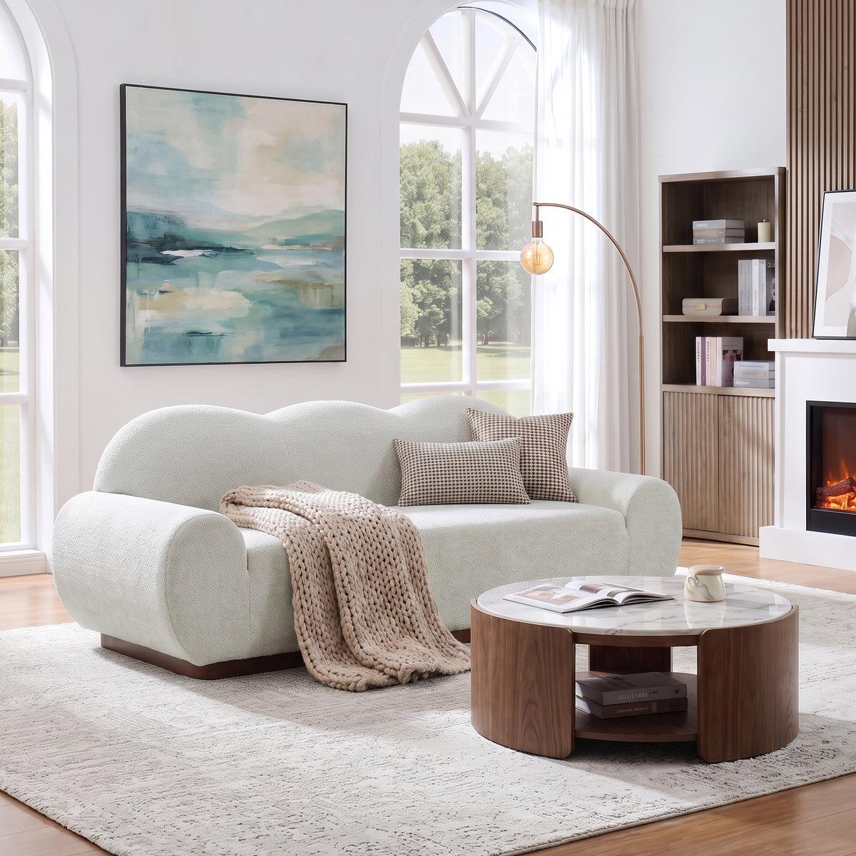 Green Boucle 3-Seat Curved Sofa, 88 in Wide