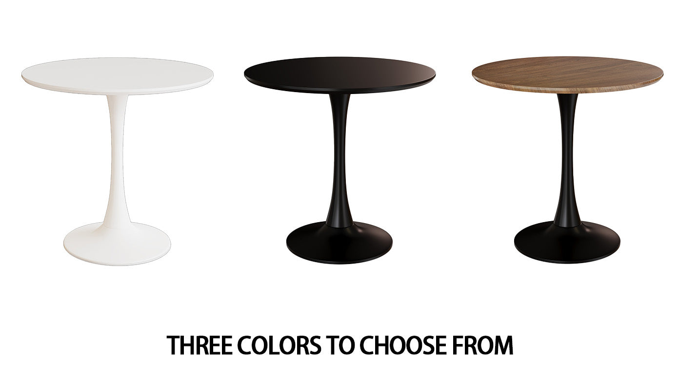 Colorway graphic showing the tulip dining table in white, black, and walnut finishes