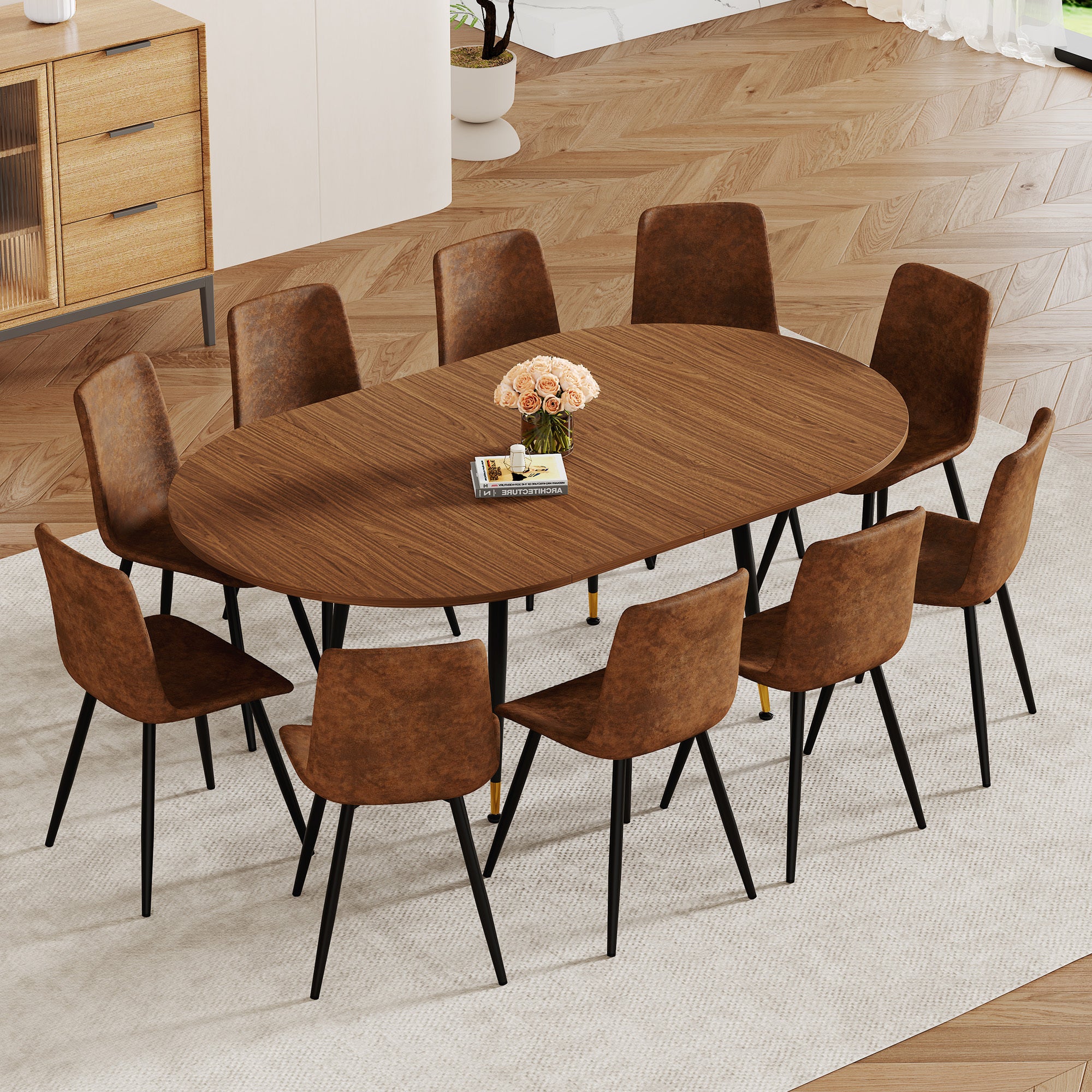Feature graphic of the walnut oval extendable dining table with black tapered legs