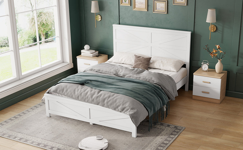 Angled styled view of the white pine bed frame with a nightstand, window and robot vacuum nearby