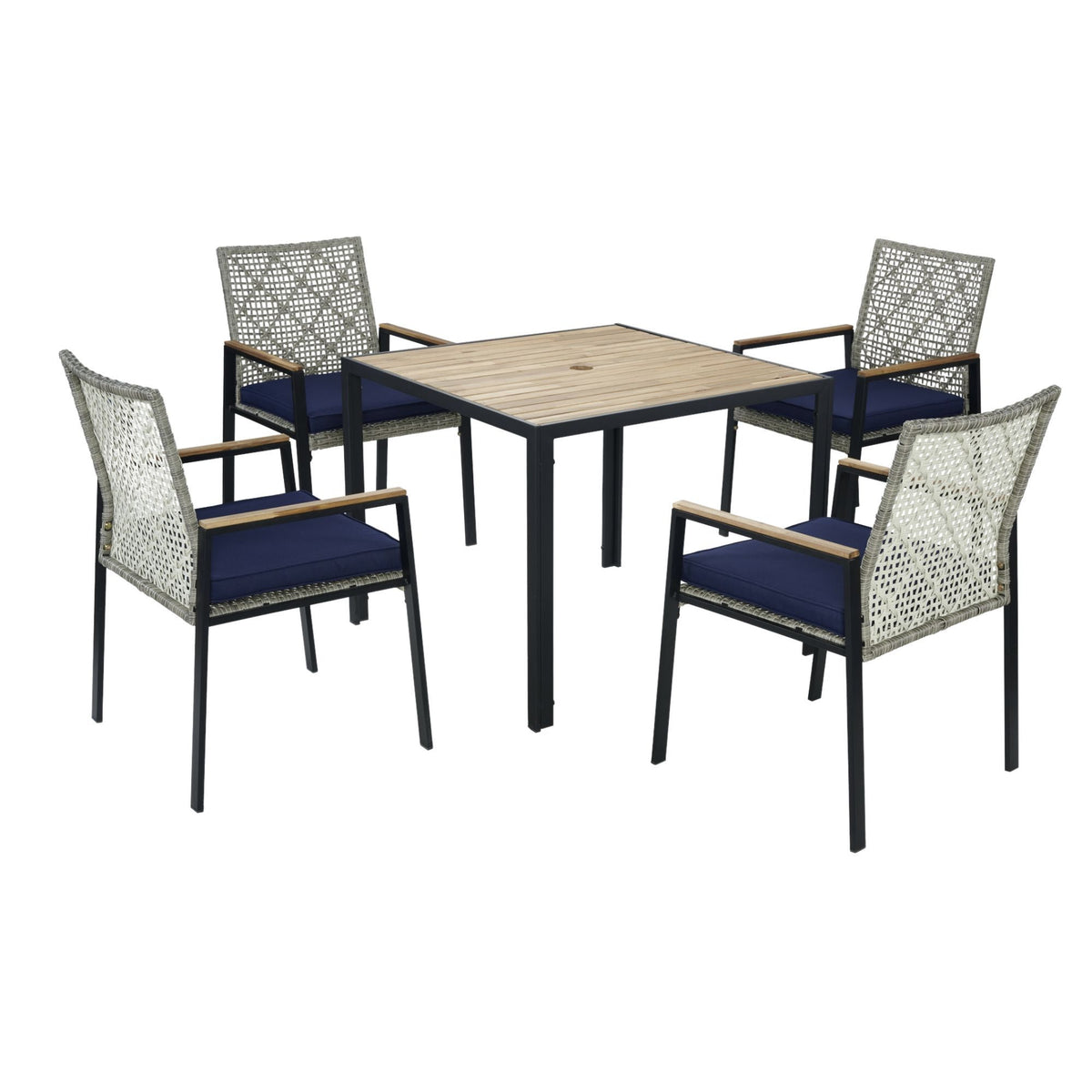 Light Gray Wicker 5-Piece Patio Dining Set with Umbrella Hole