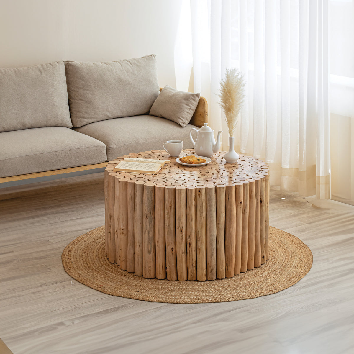 Natural Round Coffee Table with Storage, 32 in