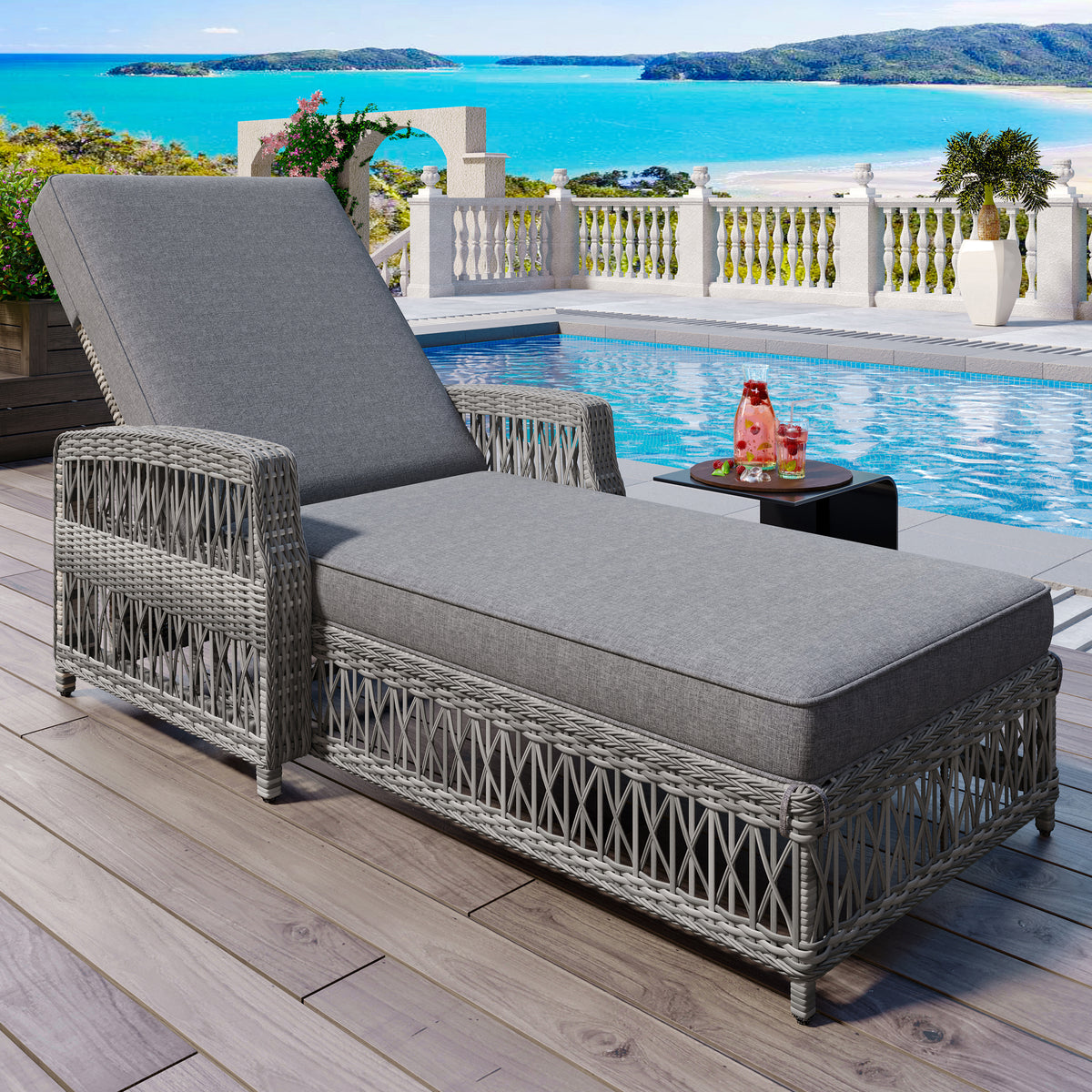 Gray Wicker Adjustable Outdoor Chaise Lounge with Cushions