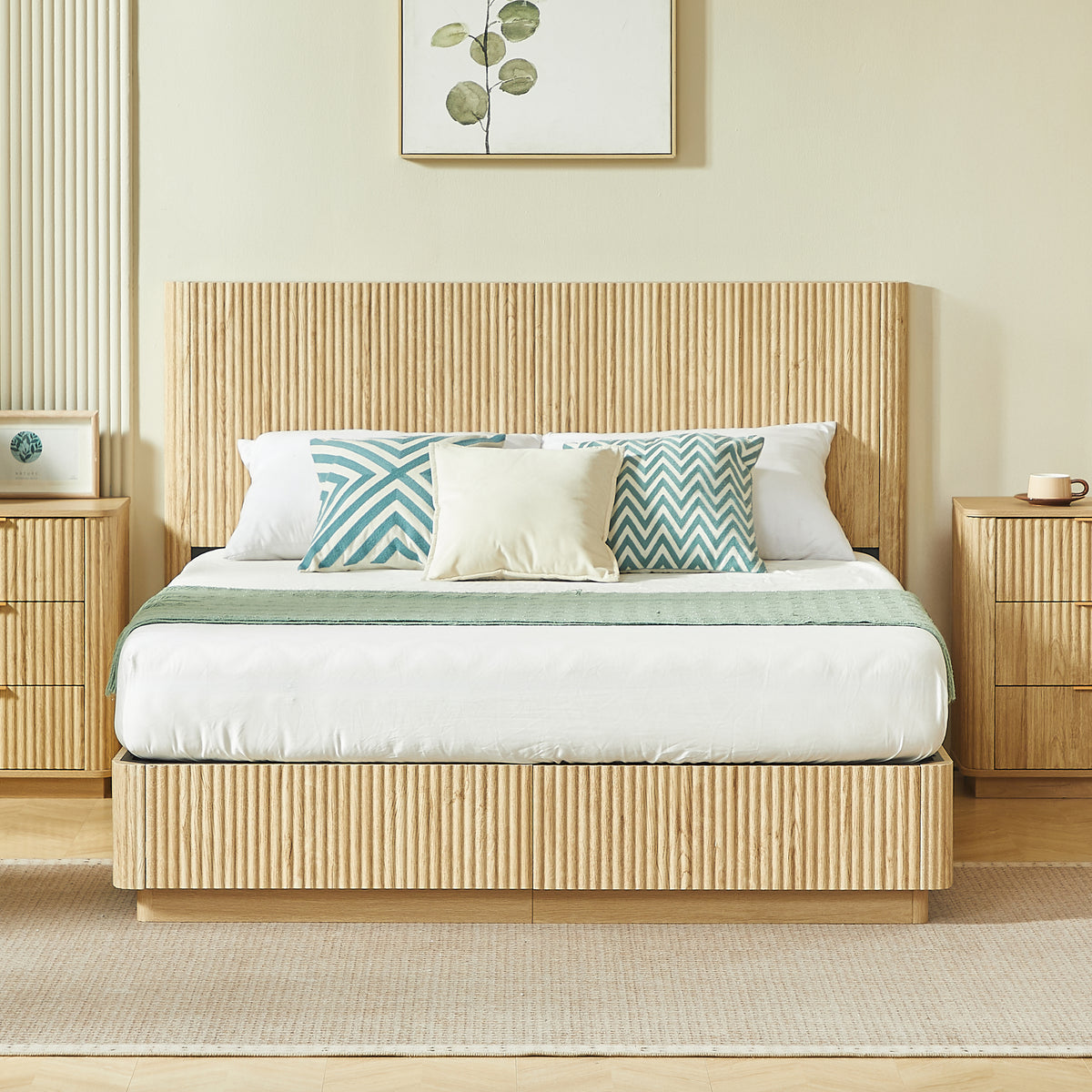 Warm LED underglow lit beneath light oak fluted queen bed, with smart light mode icons