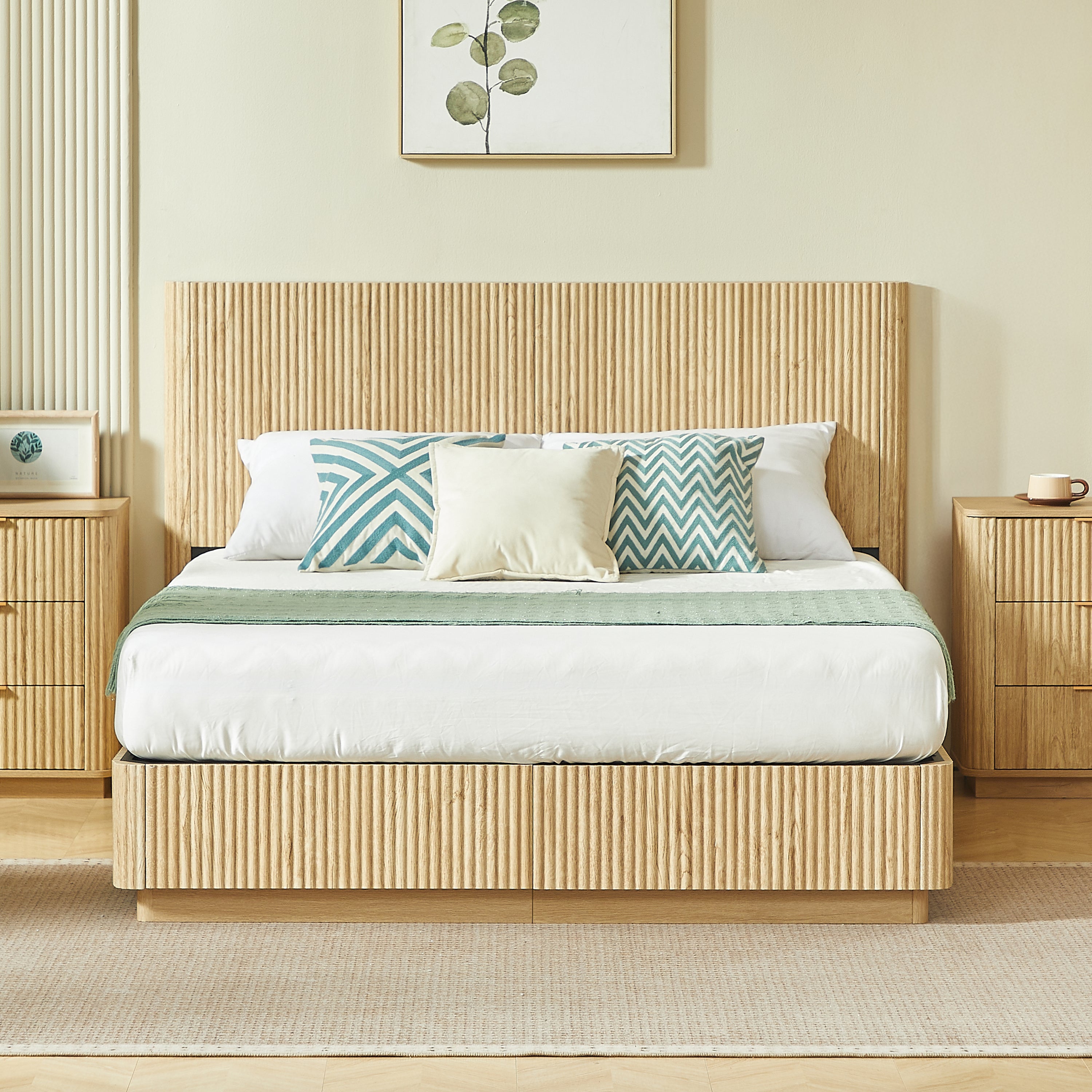 Front view of light oak fluted queen platform bed with tall slatted headboard between two dressers #Color_Oak