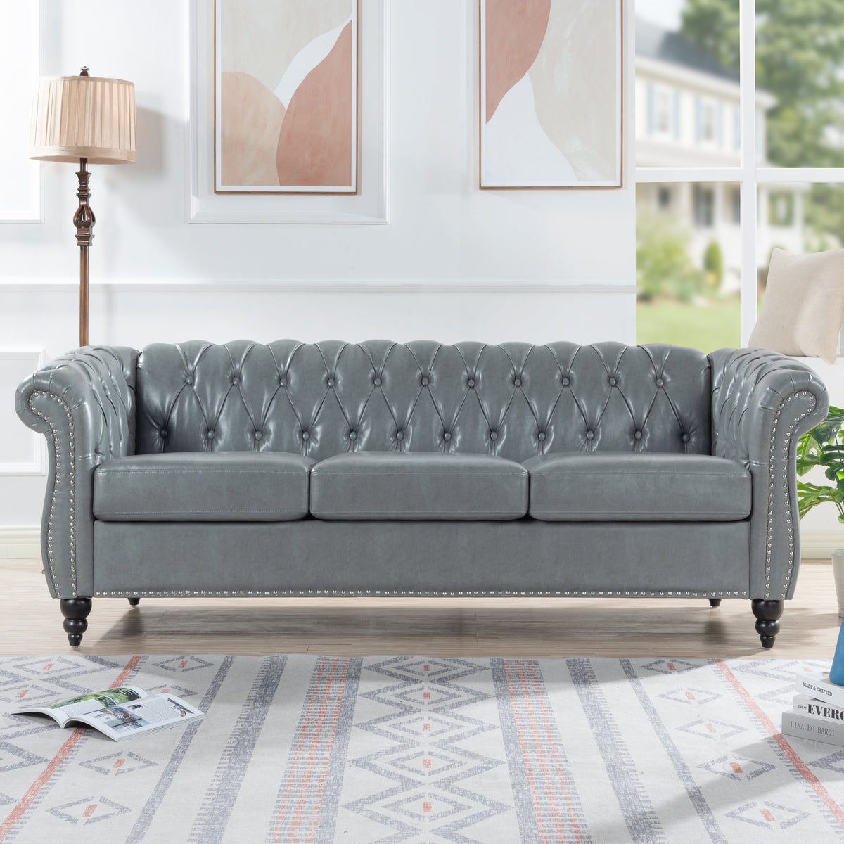 Gray Vegan Leather 3-Seat Chesterfield Sofa, 84.7 in Wide