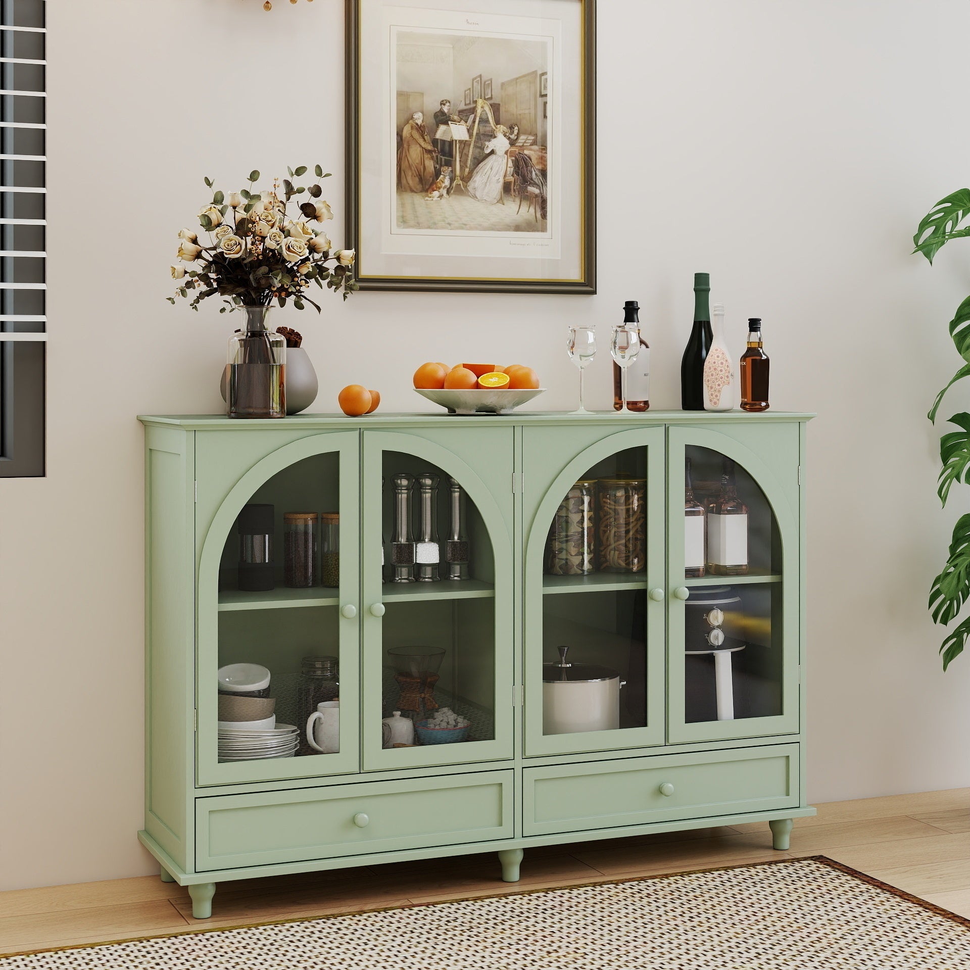 Arched Glass Sideboard Cabinet, Green, 4 Doors, 2 Drawers