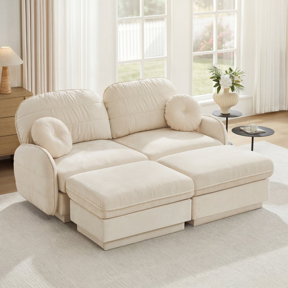 Cream Chenille Sectional Couch with 2 Ottomans, 73.2 in Wide