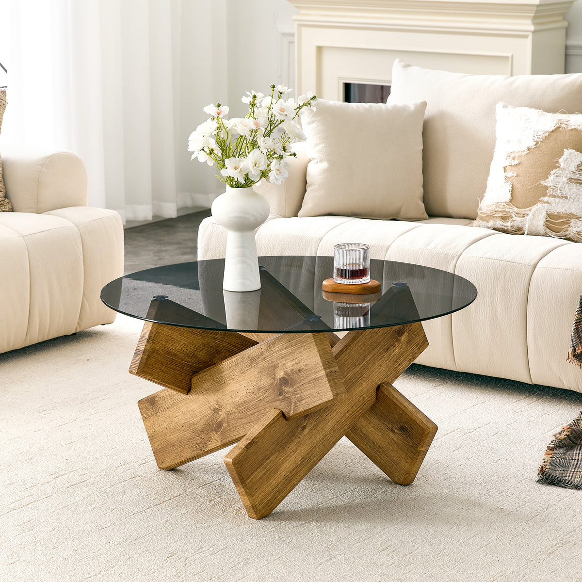 Gray Glass Top Round Coffee Table, 33.4 in