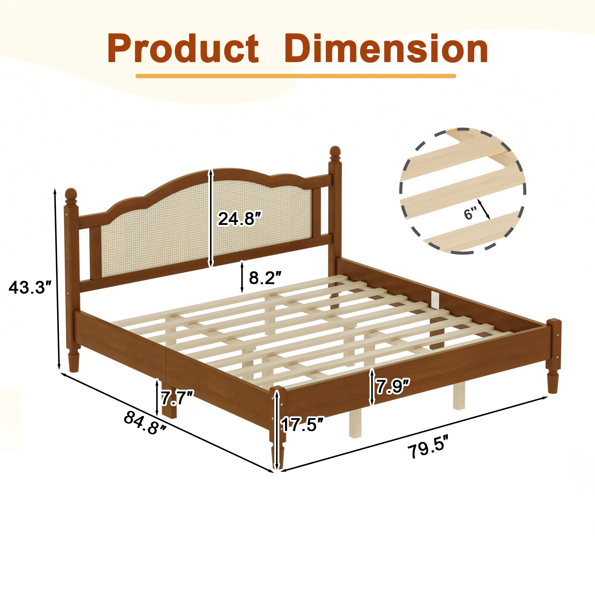 Corner detail of walnut king bed frame footboard and leg