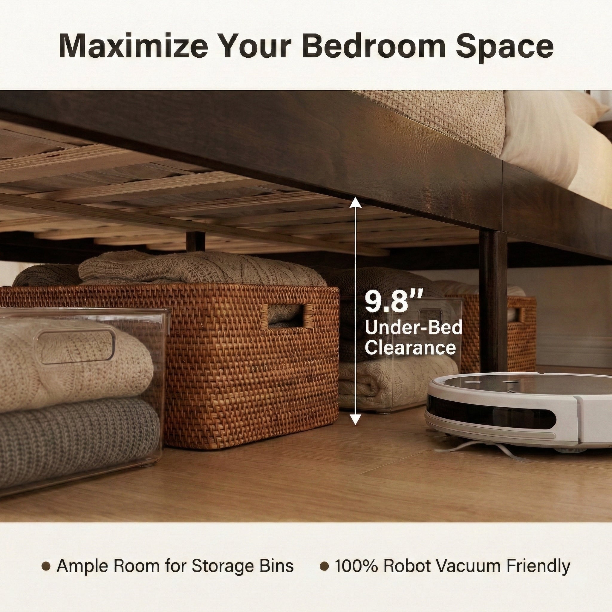 Under-bed storage graphic showing 9.8 inch clearance below the brown bed frame, room for bins and a robot vacuum #Color_Brown