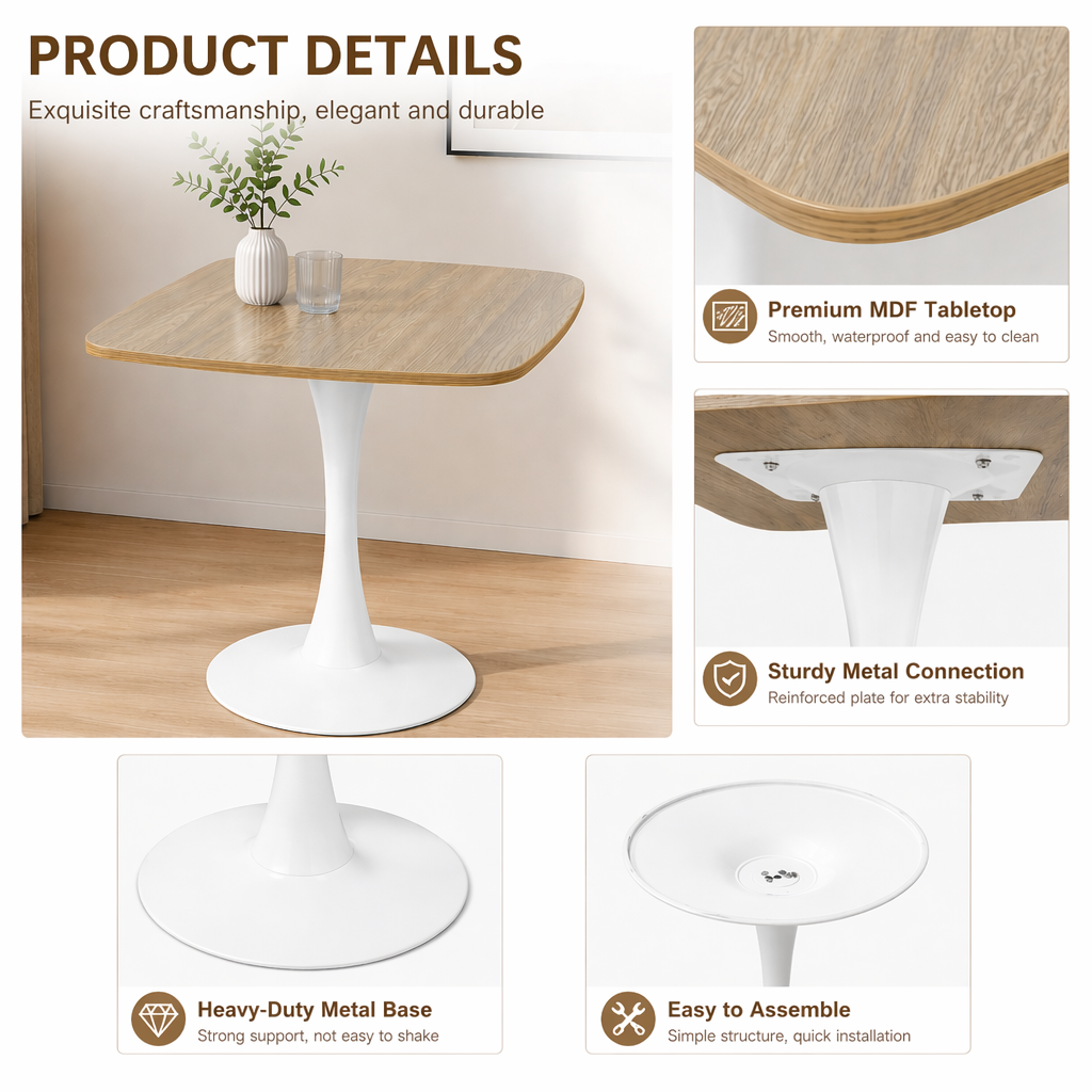 Product details graphic with insets showing MDF top, reinforced metal plate and heavy-duty white base