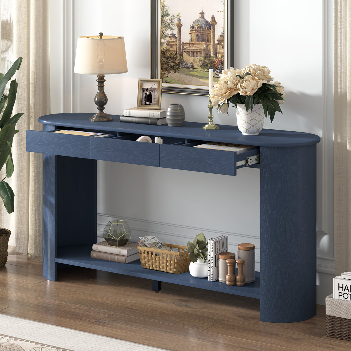 Navy Blue Entryway Console Table, 3 Drawers, 59.8 in Wide