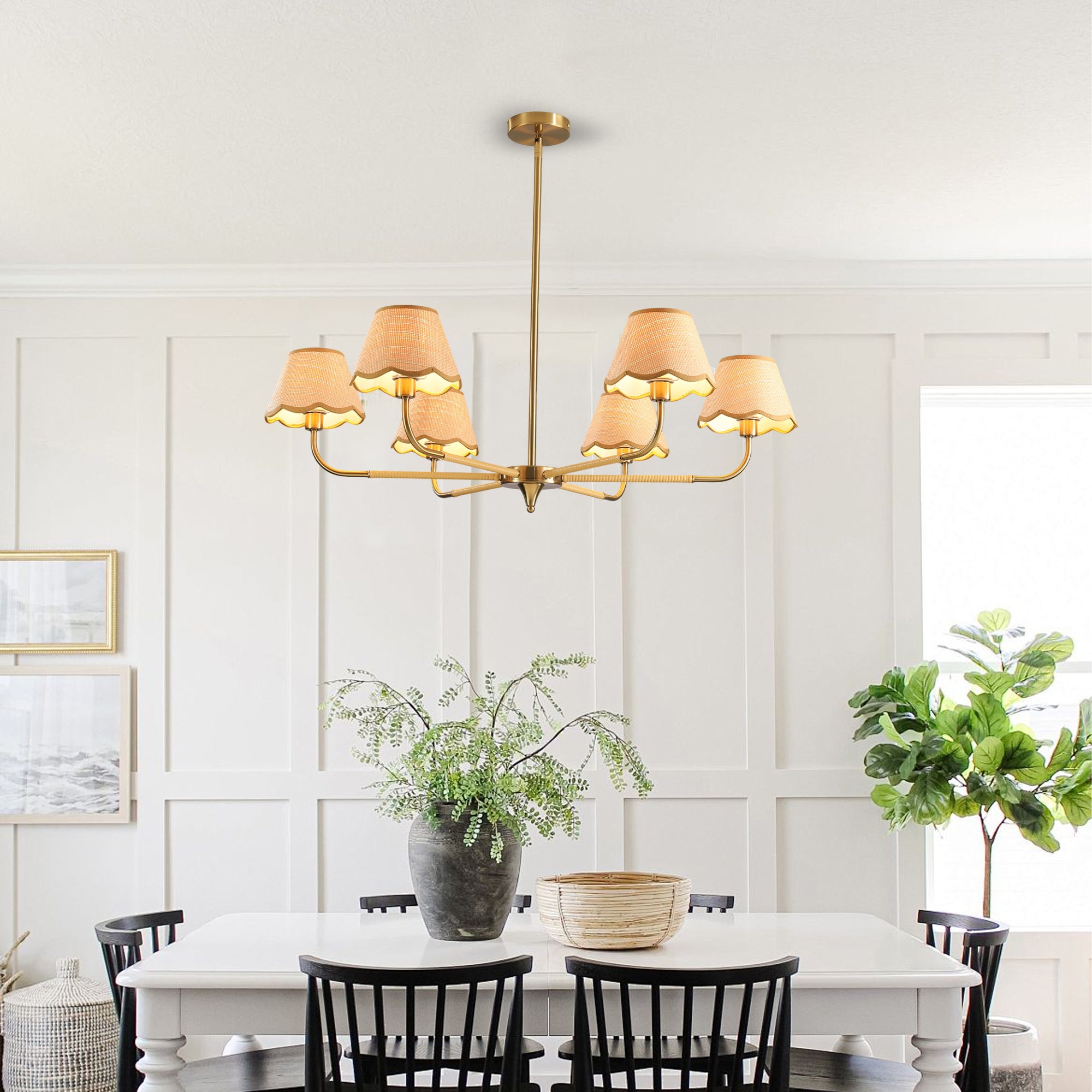 Chandelier, 6-Light Iron and Rattan, Golden