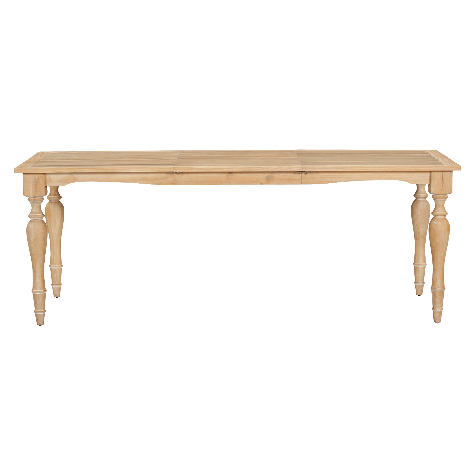 Front elevation of the extendable rubberwood dining table showing four turned legs, white background