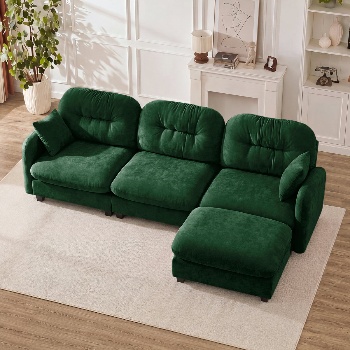 Green Chenille Modular Sectional Couch with Ottoman, Pleated Back
