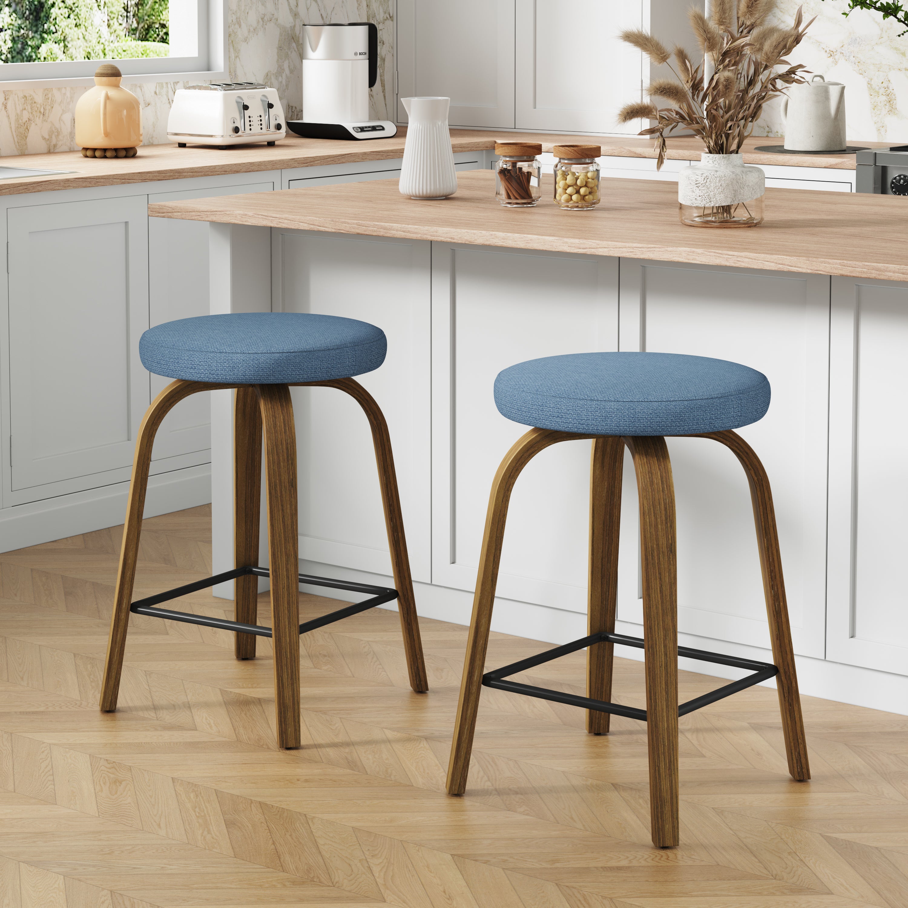 Swivel Counter Stools Set of 2, Blue, Backless 26 in
