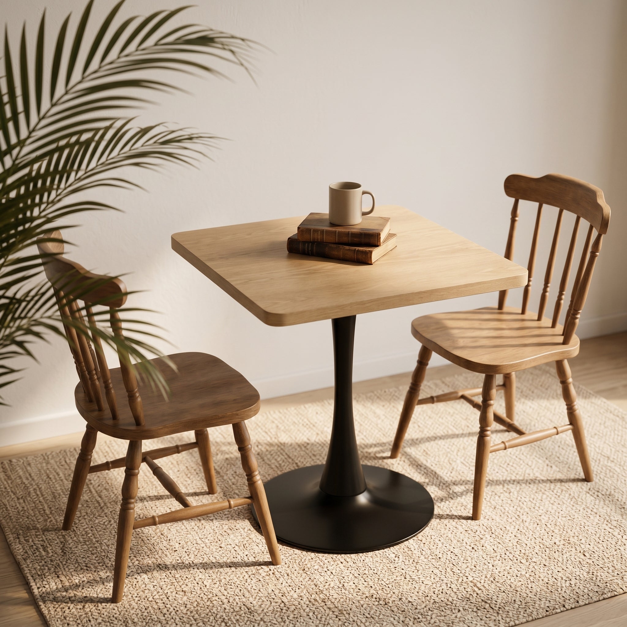 Three-quarter view of the natural square tulip bistro table with two wood chairs, a mug, and books on a rug
