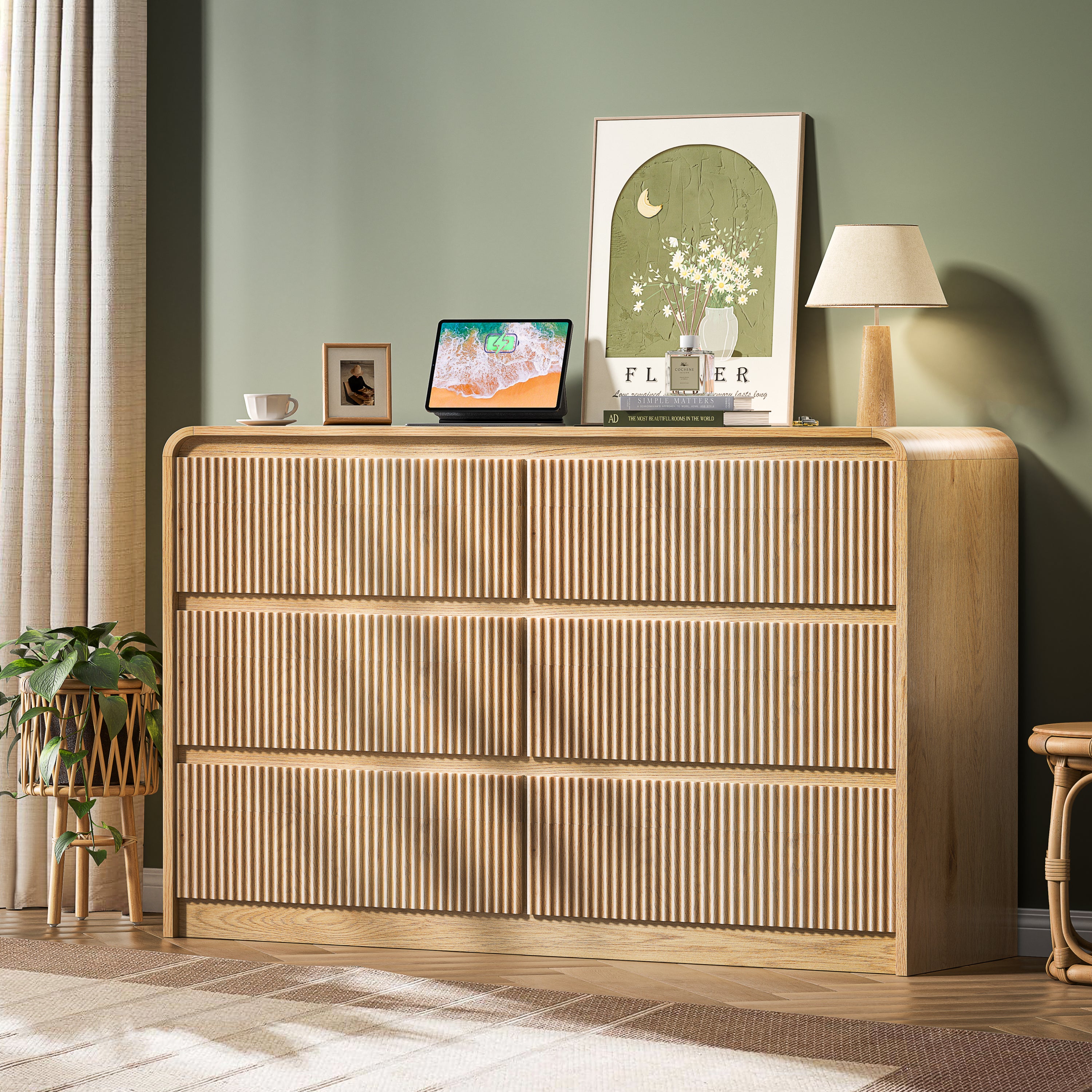 Fluted 6-Drawer Dresser, 47 in Wide, Natural Finish