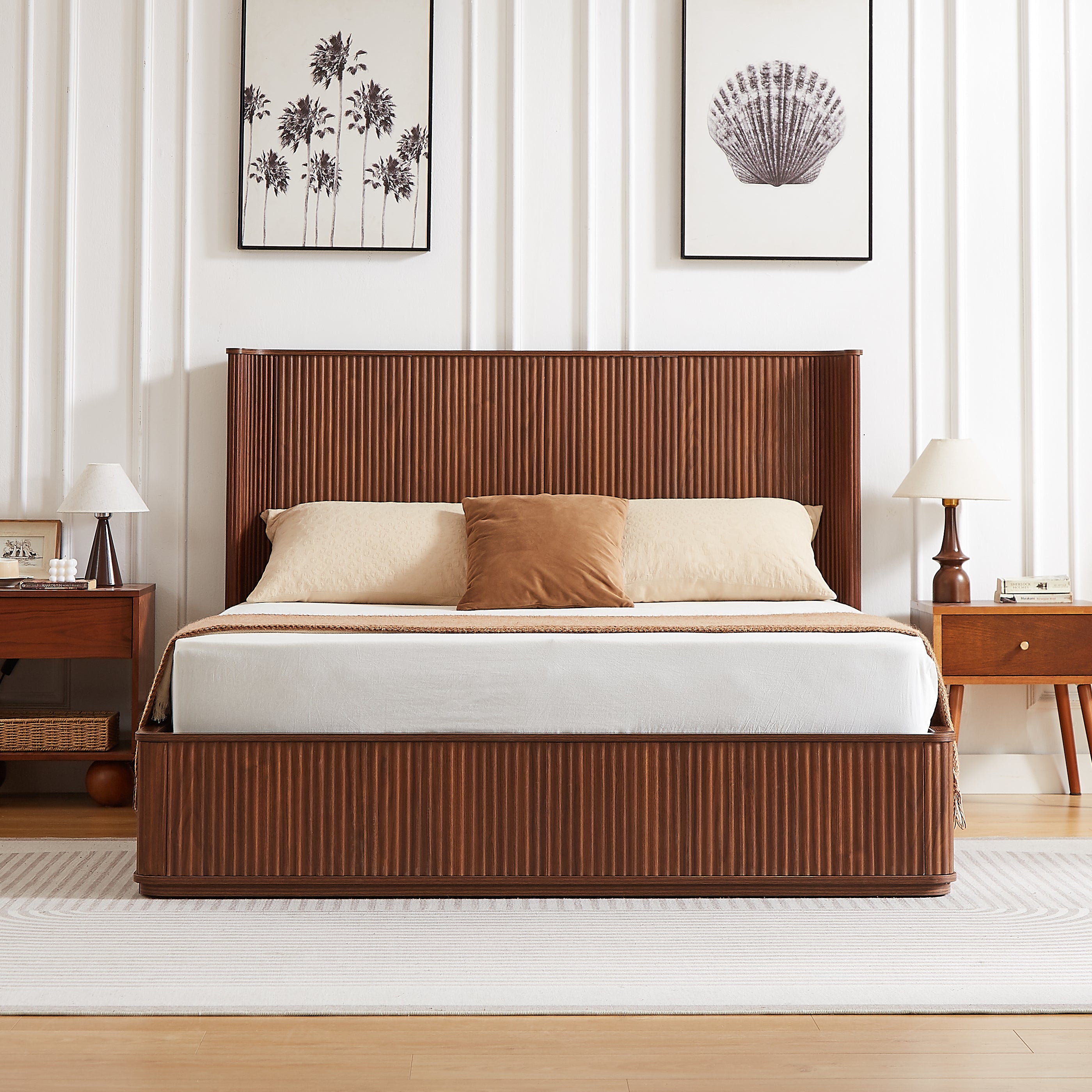 Walnut fluted queen bed frame styled front-on with pillows, throw and matching nightstands, tall corrugated-wave headboard #Color_Walnut