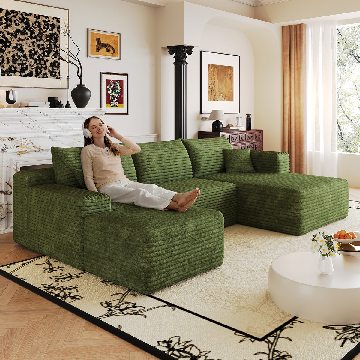 Green Corduroy L-Shaped Sectional with Ottoman, Right-Facing