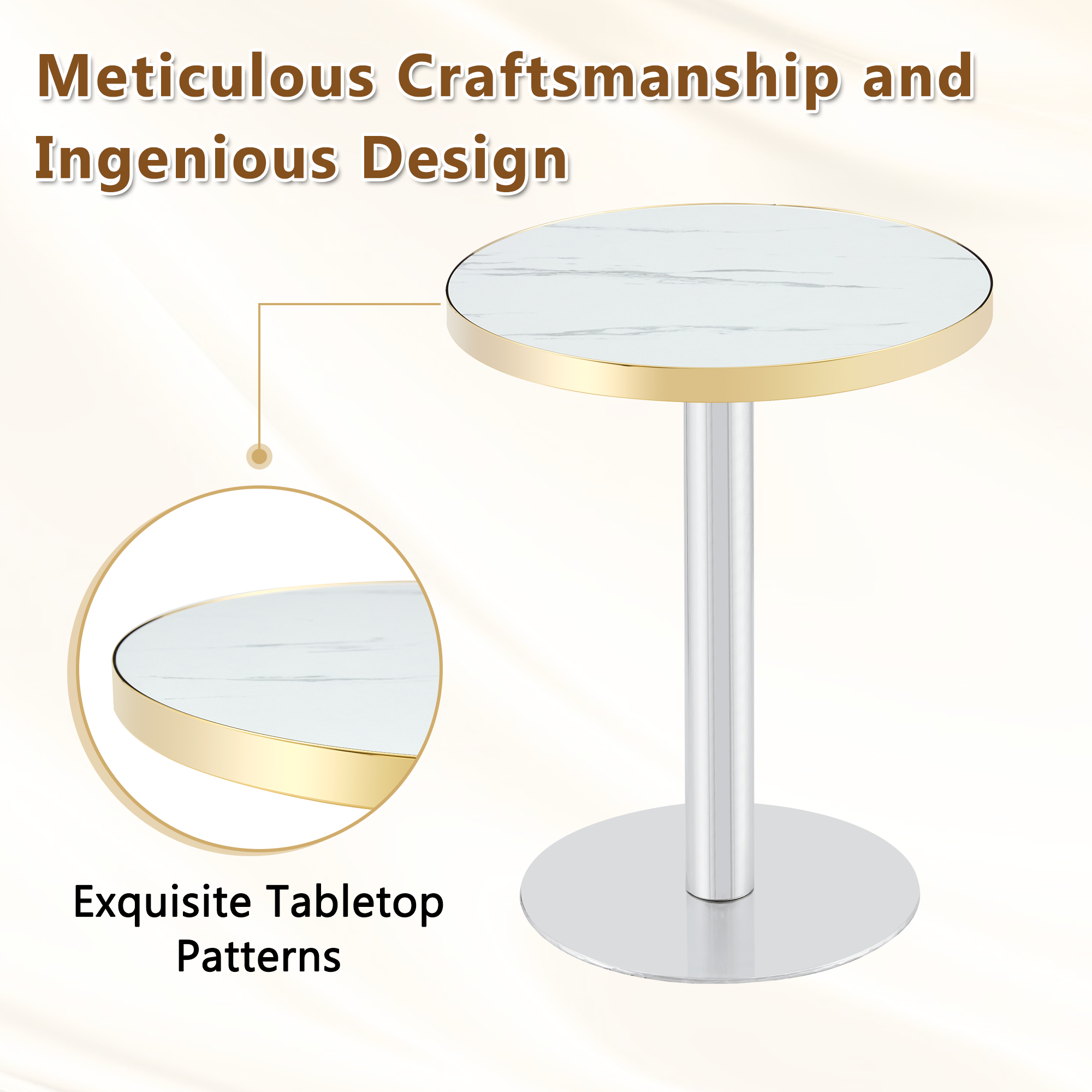 Feature graphic highlighting the white faux marble tabletop pattern and gold edge