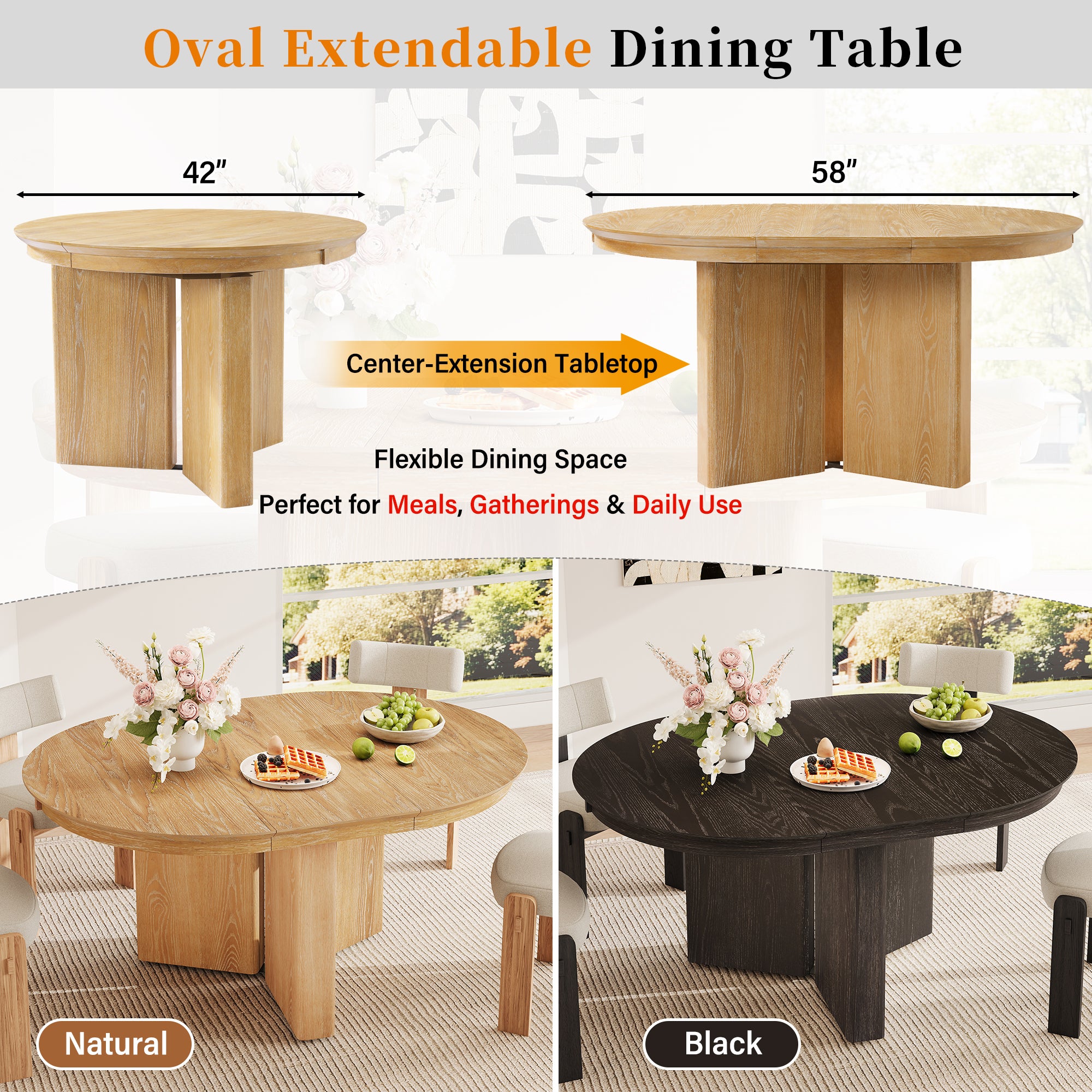 Feature graphic showing the table extending from 42in to 58in, in natural and black finishes