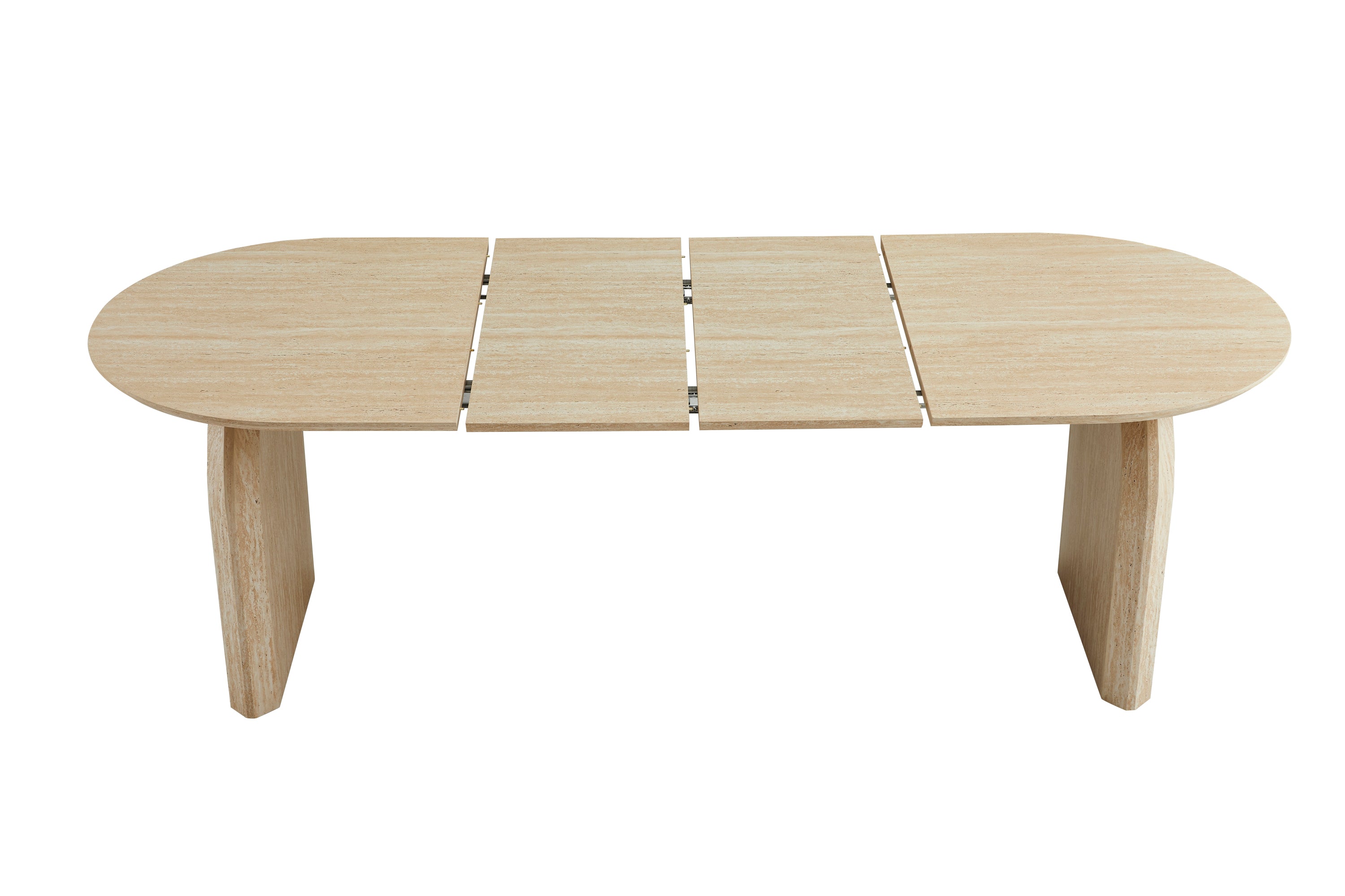 Studio top view of the oval table fully extended with the leaf panels separated