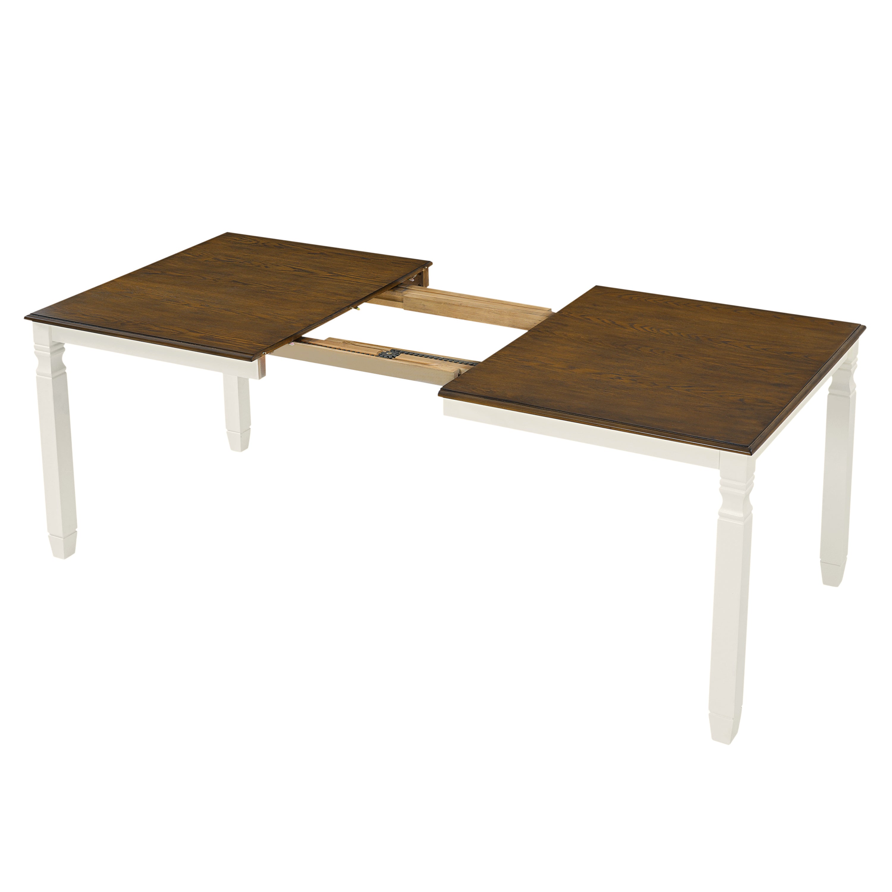 Close-up of the brown oak tabletop corner edge and white turned leg on white studio background