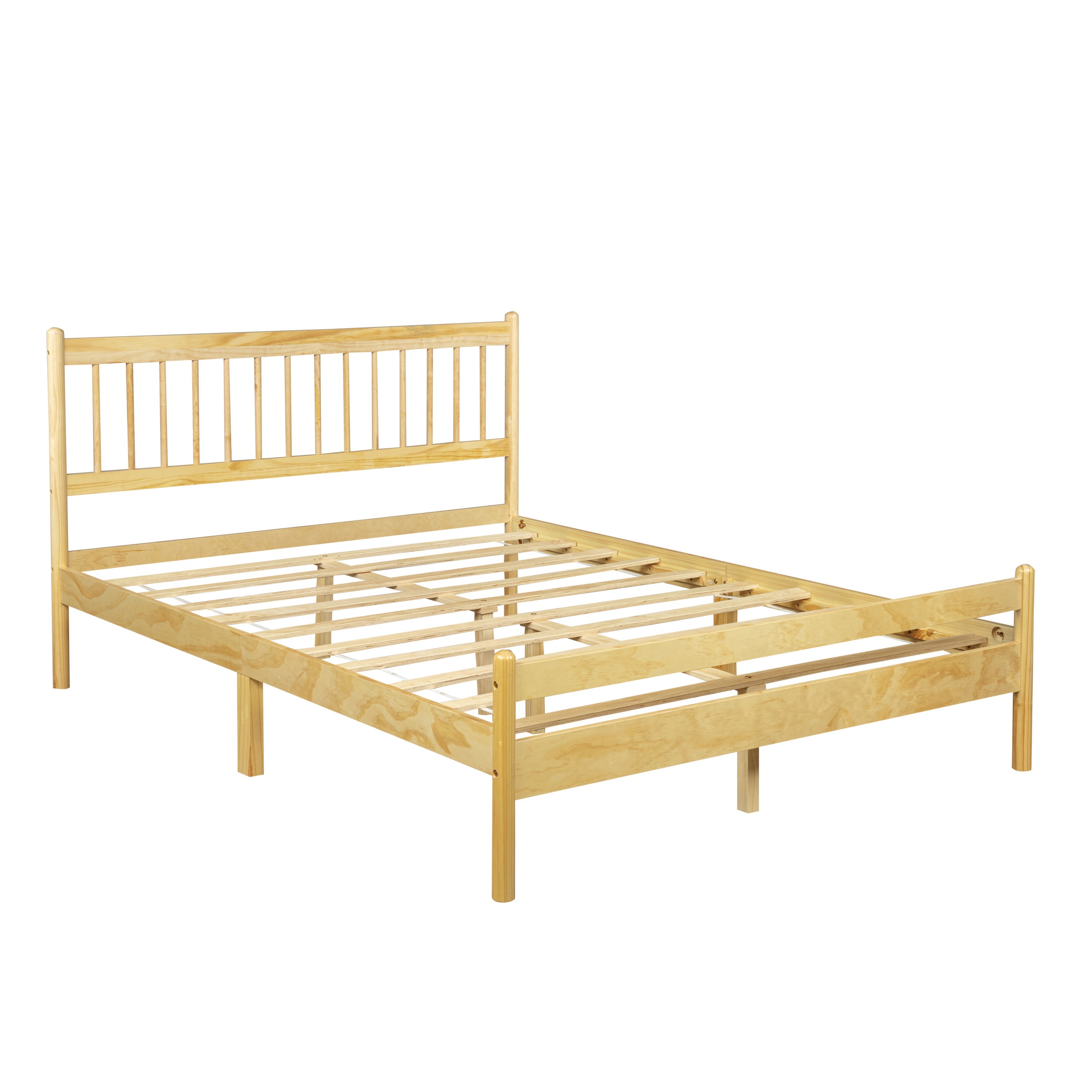 Angled view of the empty natural pine bed frame with slats and spindle headboard #Color_Natural