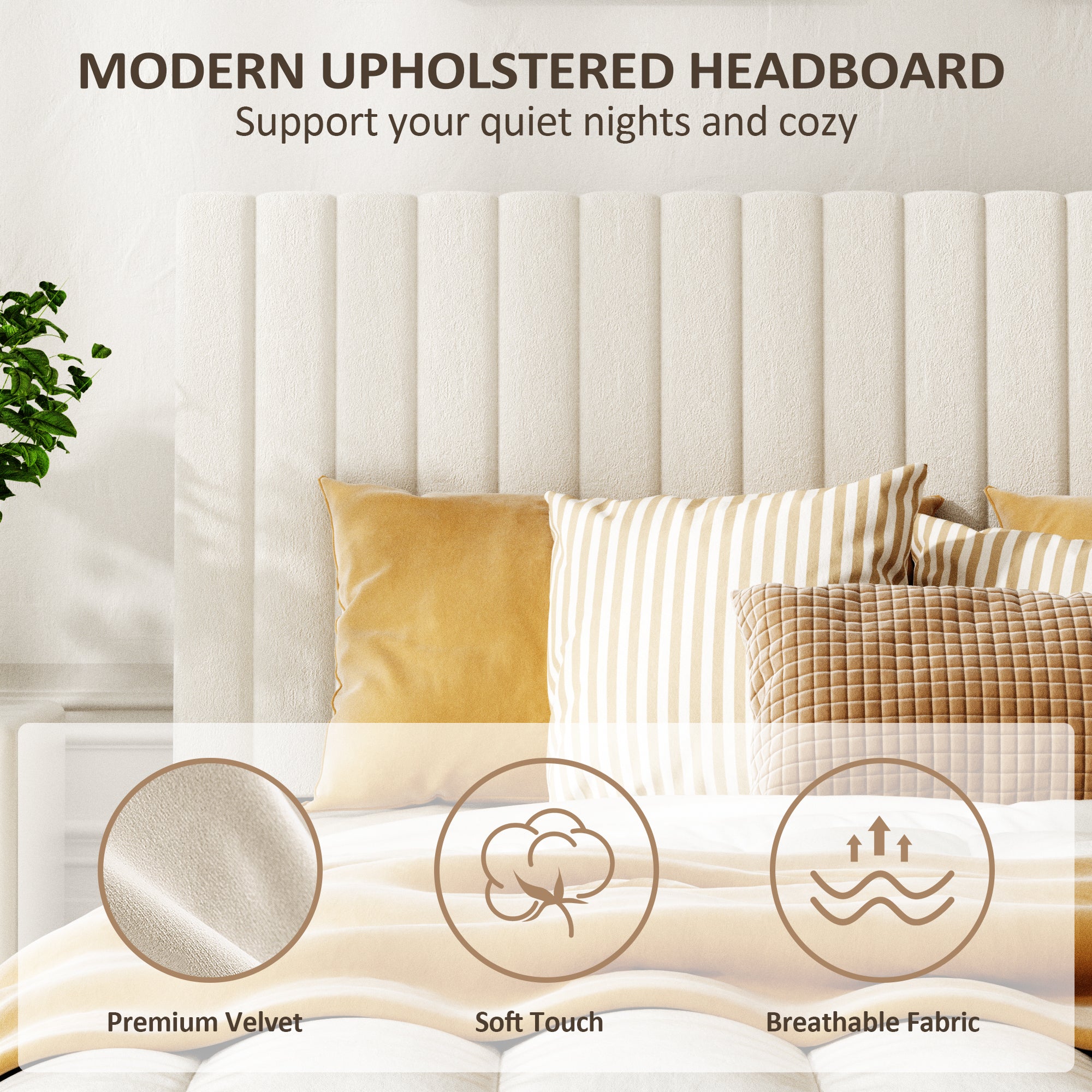 Beige velvet headboard detail with soft-touch and breathable fabric callouts