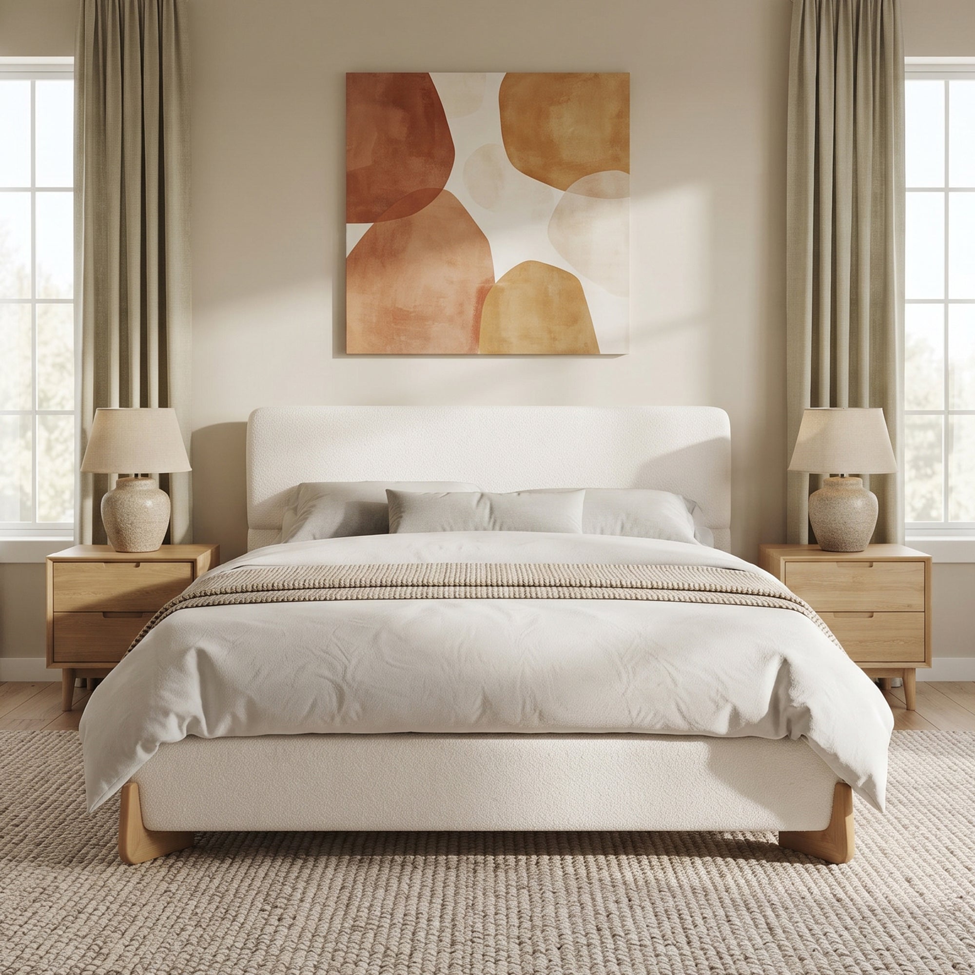White Boucle Upholstered Bed with Natural Wood Base