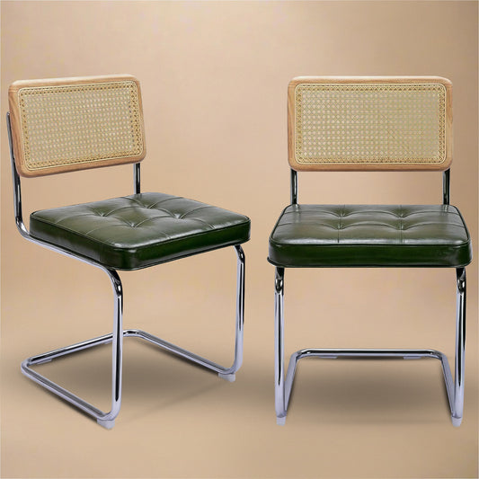 Rattan Dining Chairs – Set of 2, Green Vegan Leather