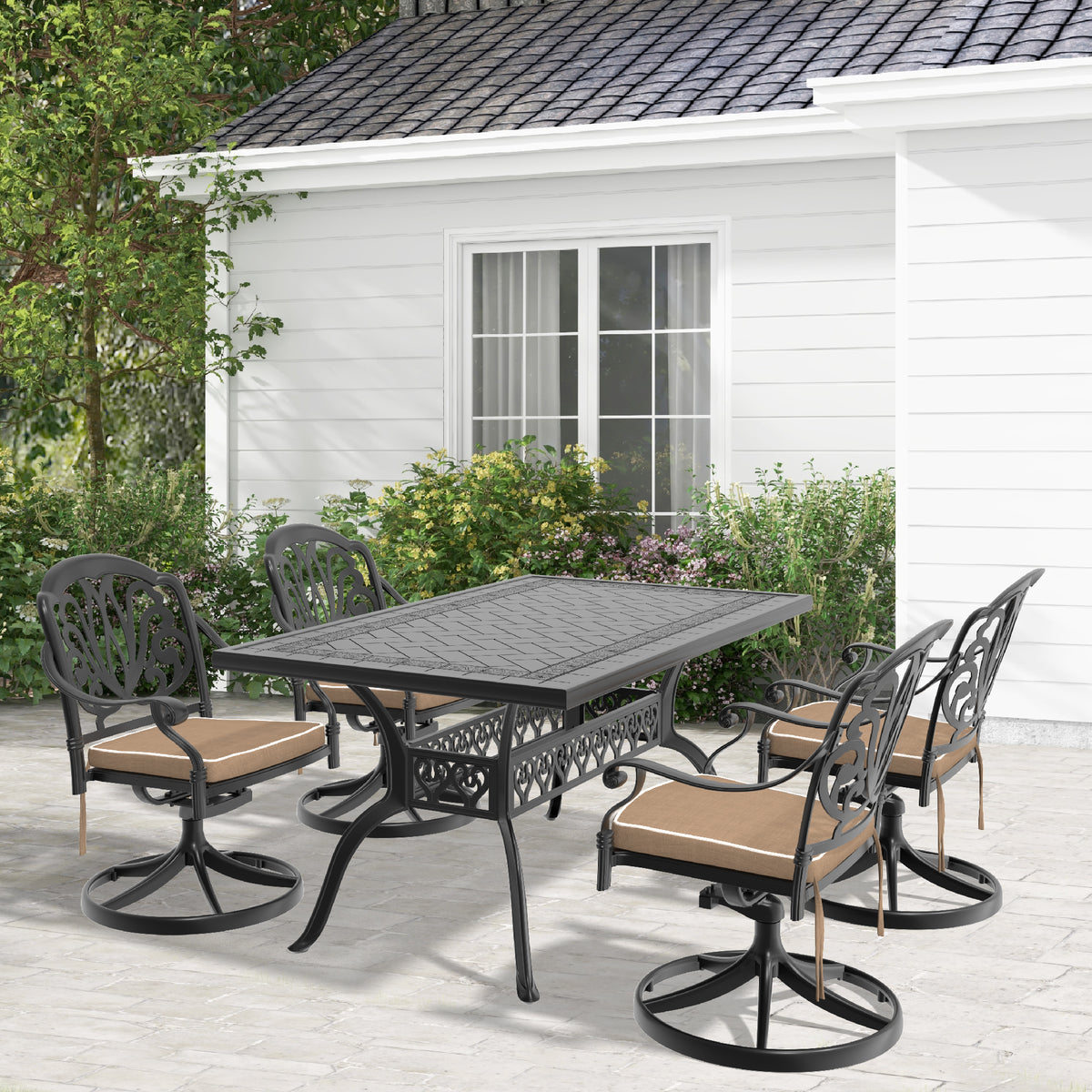 Black Aluminum 5-Piece Patio Dining Set for 4 with Cushions, Swivel