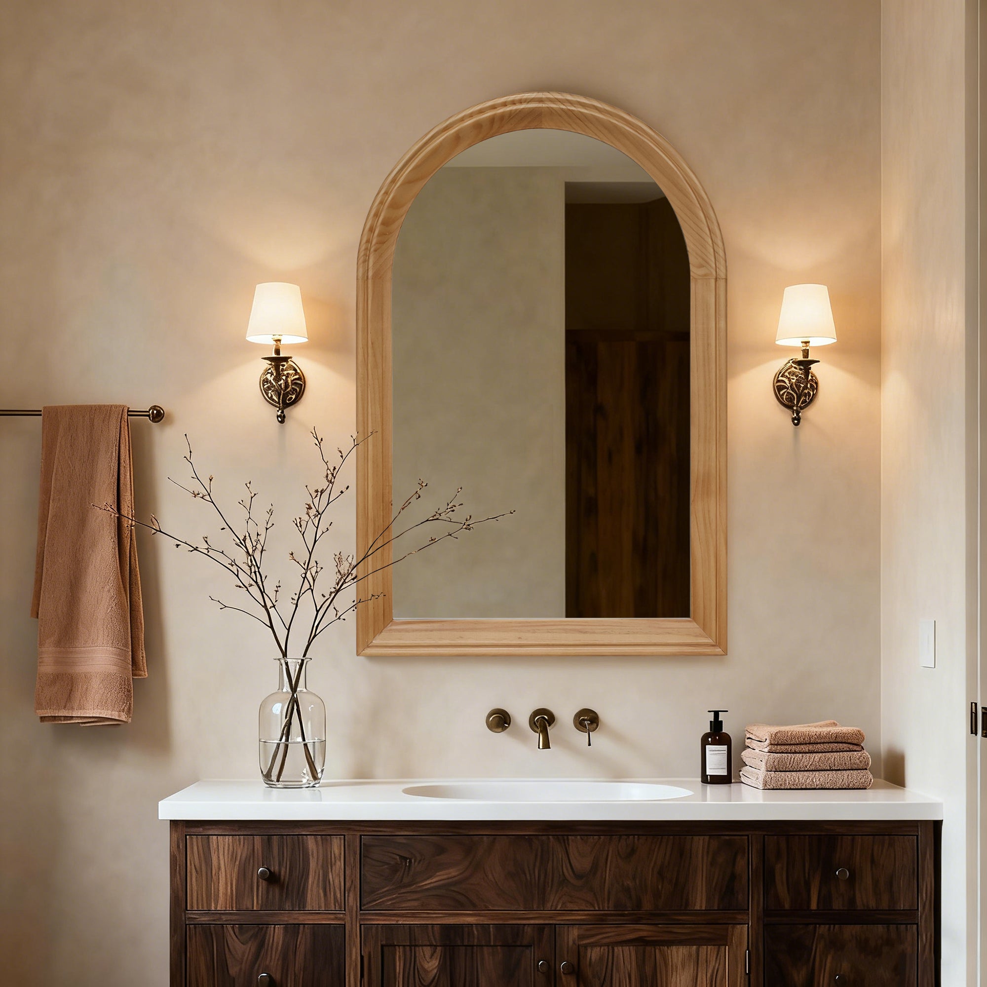 35.4 Inch Arched Wood Frame Vanity Mirror, Natural Finish