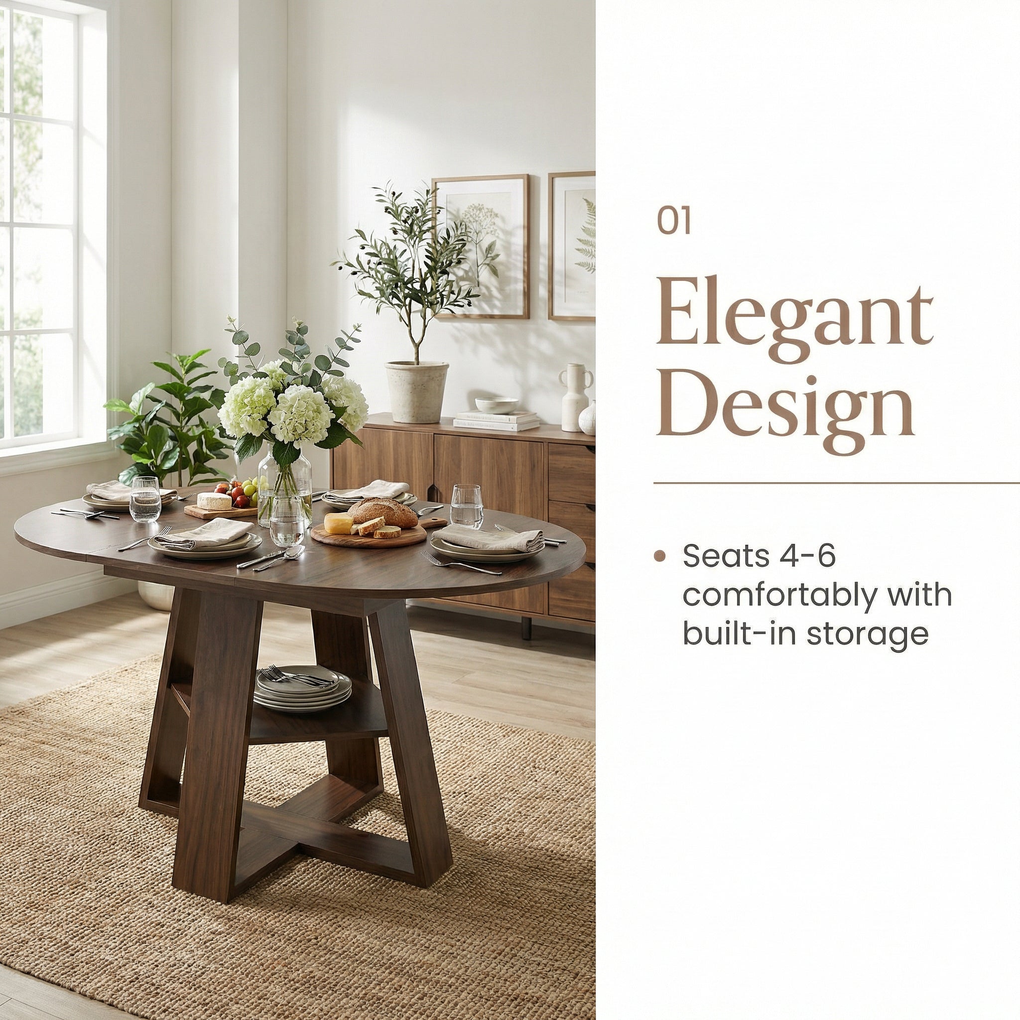 Feature graphic on elegant design seating four to six with built-in storage