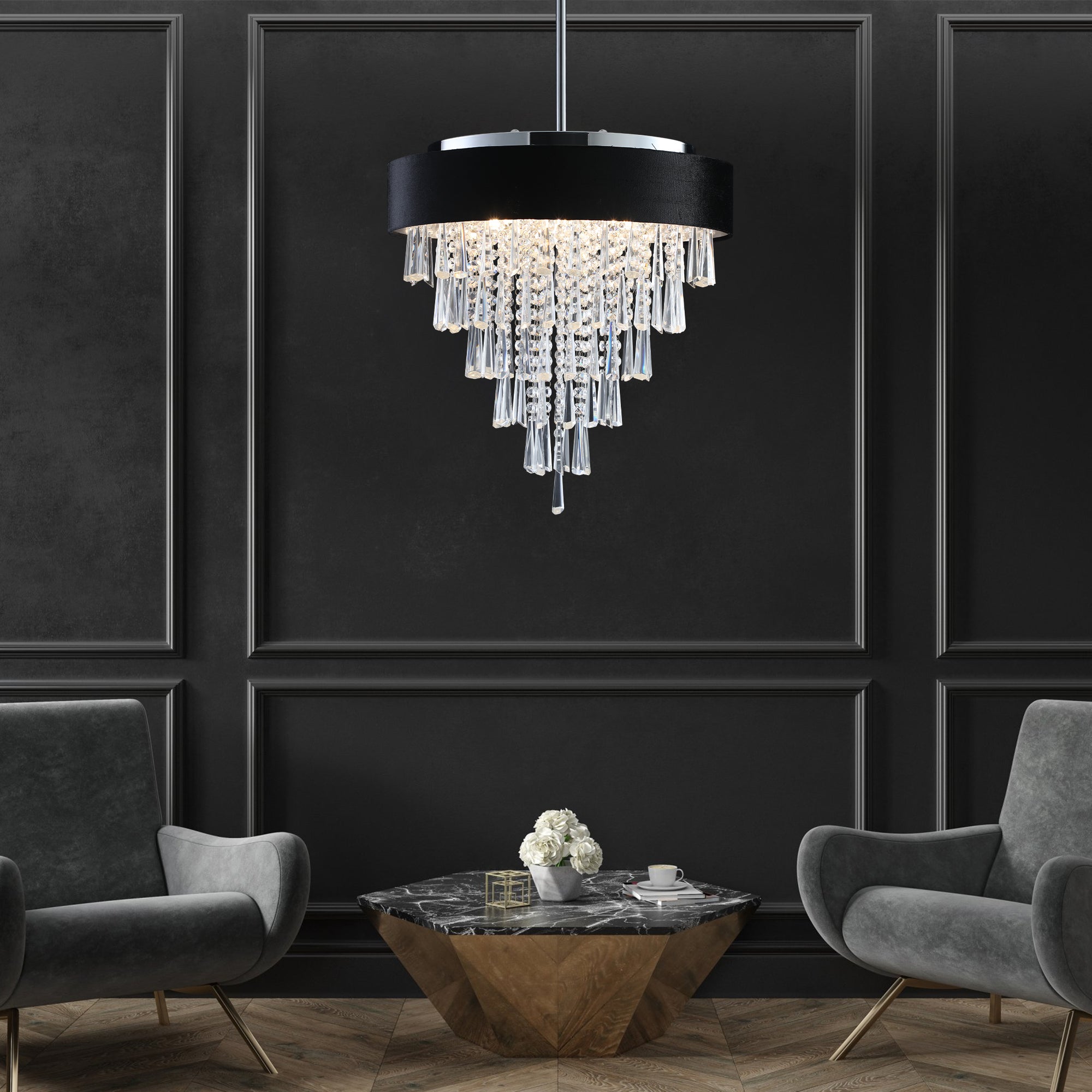 Chandelier, 8-Light Crystal, Adjustable, Black Velvet Shade